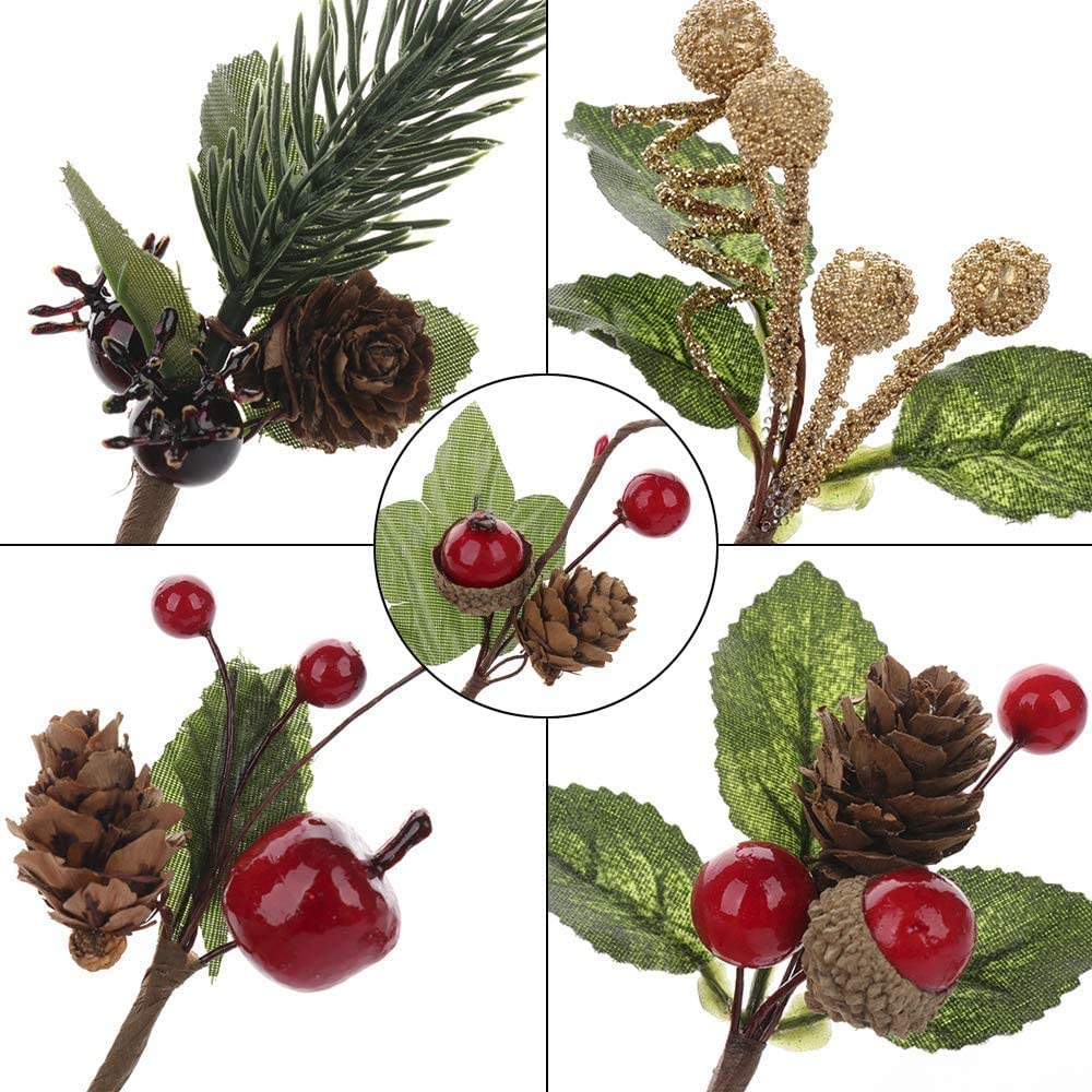 NERKT 20Pcs Christmas Pine Picks with Red Berries and Pine Cones Artificial Berry Picks for Christmas DIY Crafts Gift Package Party Flower Arrangements Wreaths and Holiday Decorations