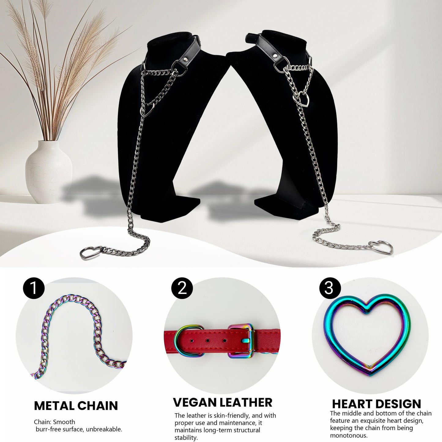 paloli Vegan Leather Choker Necklace with Heart Chain – Adjustable Strap Punk Gothic Collar with Cute Heart Metal O-Rings, Stylish Jewelry for Women