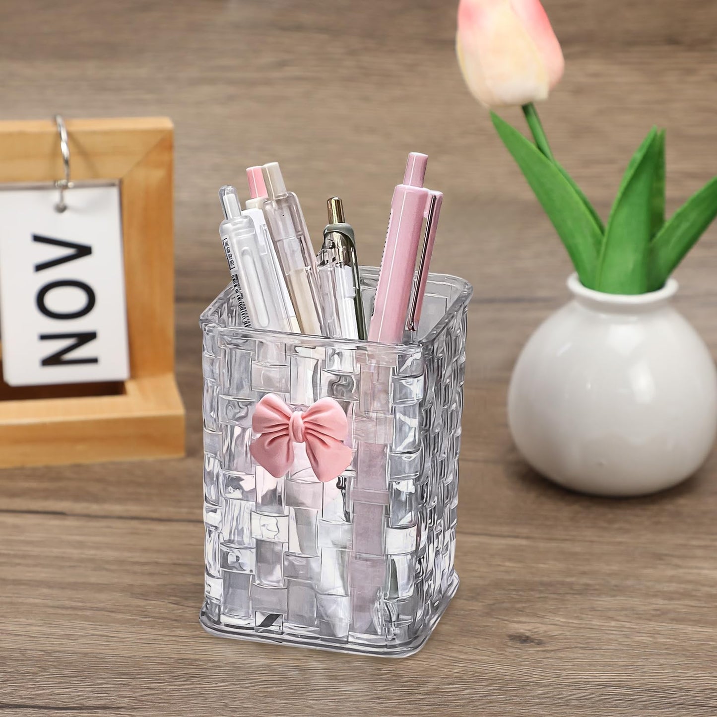 CCREDONE Acrylic Pen Holder for Desk, Clear Pencil Organizer Makeup Brush Cup Holders with Bow Back To School Accessories for Teachers Appreaction Present (Transparent)