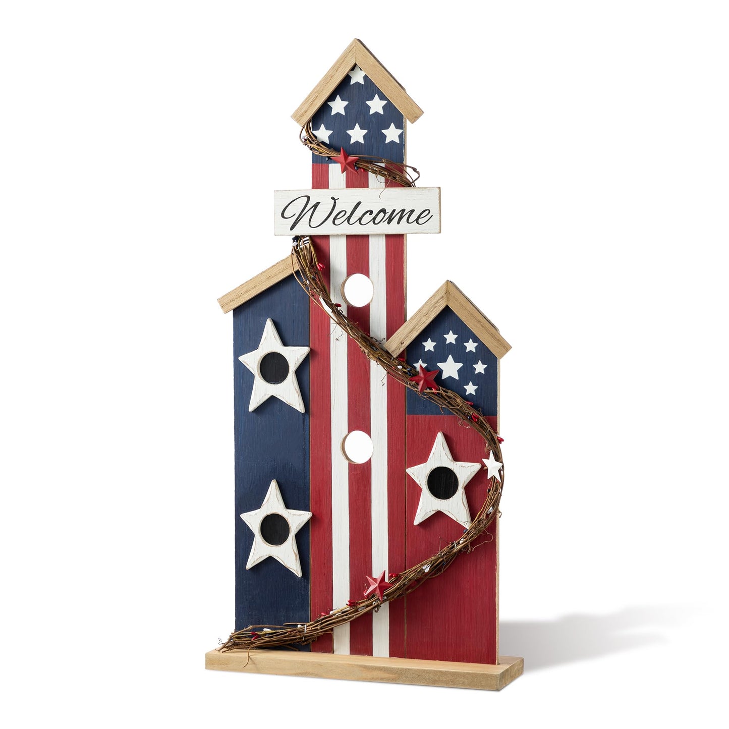Glitzhome 30'' Patriotic Birdhouse Porch Decor, God Bless America Wooden Welcome Sign with Star, 4th of July & Independence Day Outdoor Indoor Decor