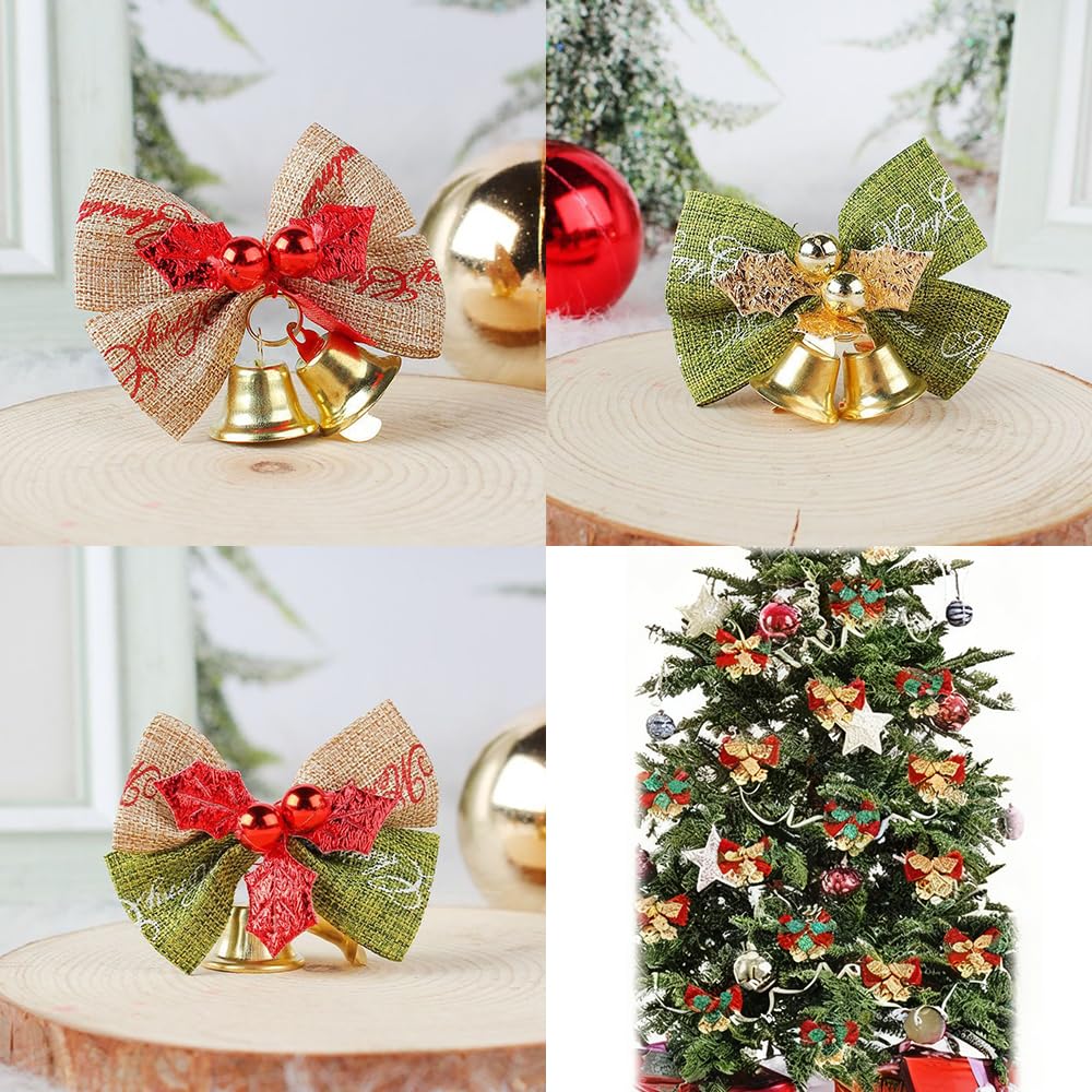 Yxtwaeh 48 Pcs Christmas Mini Bows with Bells 2 Inch Christmas Tree Ribbon Bows with Bell Hanging Decorations for Tree Wreaths Gift Wrapping, 6 Styles