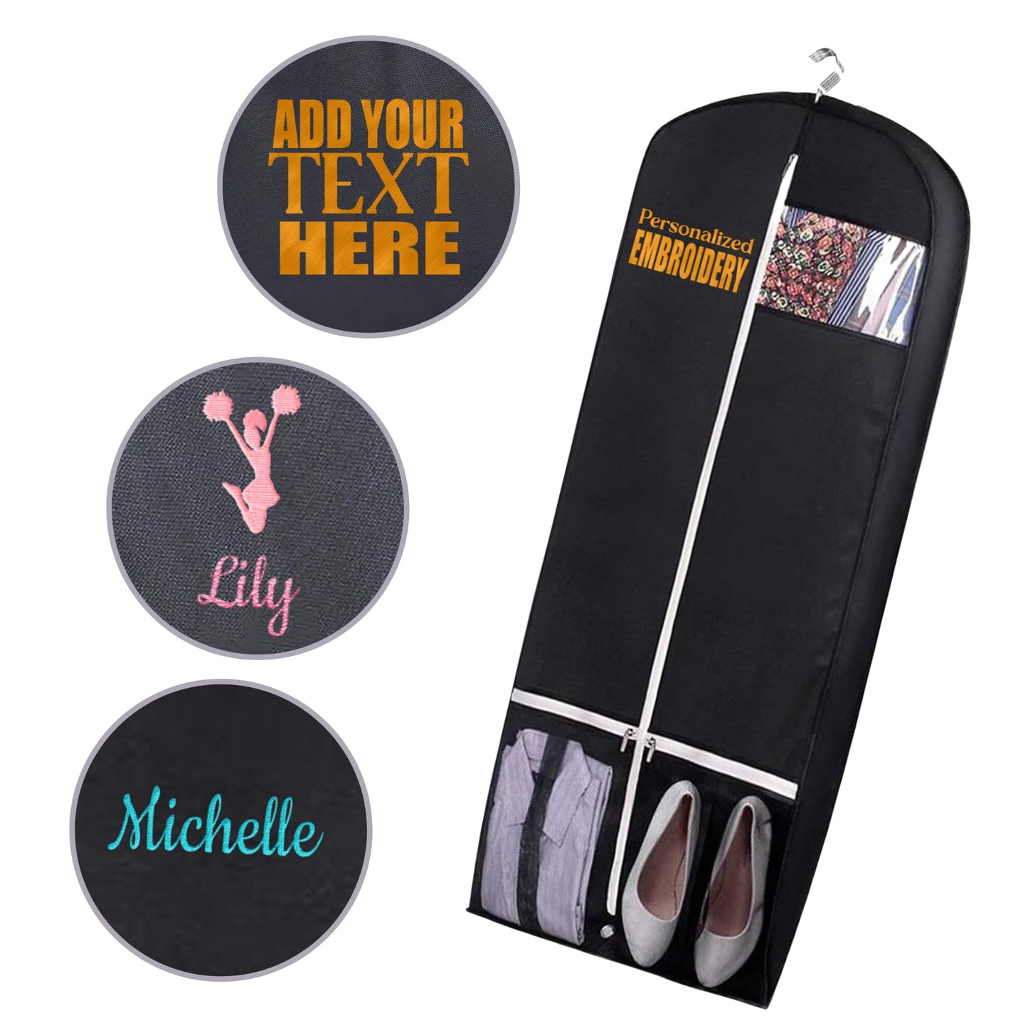 Personalized Garment bag with Name for Hanging Clothes - Custom Black Suit Bags for Closet Storage with 2 Mesh Pockets for Men & Women - Ideal for Wedding Dress Garment Bag Storage with Carry Handles