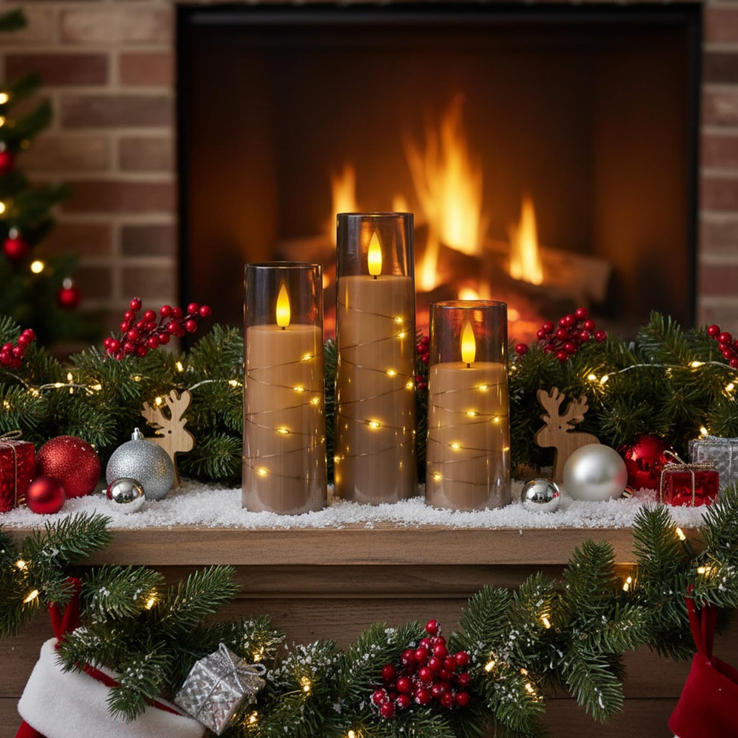 Raycare Flameless Candle with Remote Timer, 7 Flickering Acrylic Battery Operated LED Pillar Candles with Embedded Star String for Christmas, Home Decor, and as a Gift(Grey)