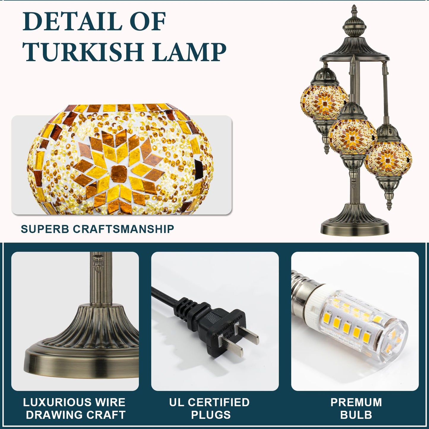 Marrakech Turkish Lamp 3 Globes Moroccan Table Lamp with Bronze Base, 23" Tall Handmade Yellow Tiffany Mosaic Glass Night Light Fixture Including LED Bulb for Living Room Bedroom Decor