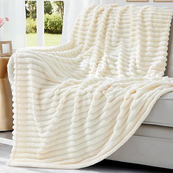 decorUhome Soft Fleece Cream White Blanket King Size for Bed, Cozy Fluffy Plush Flannel Large Striped Throws for Couch Sofa, Lightweight Decorative Fuzzy Blanket for Woman, 108x90 Inches