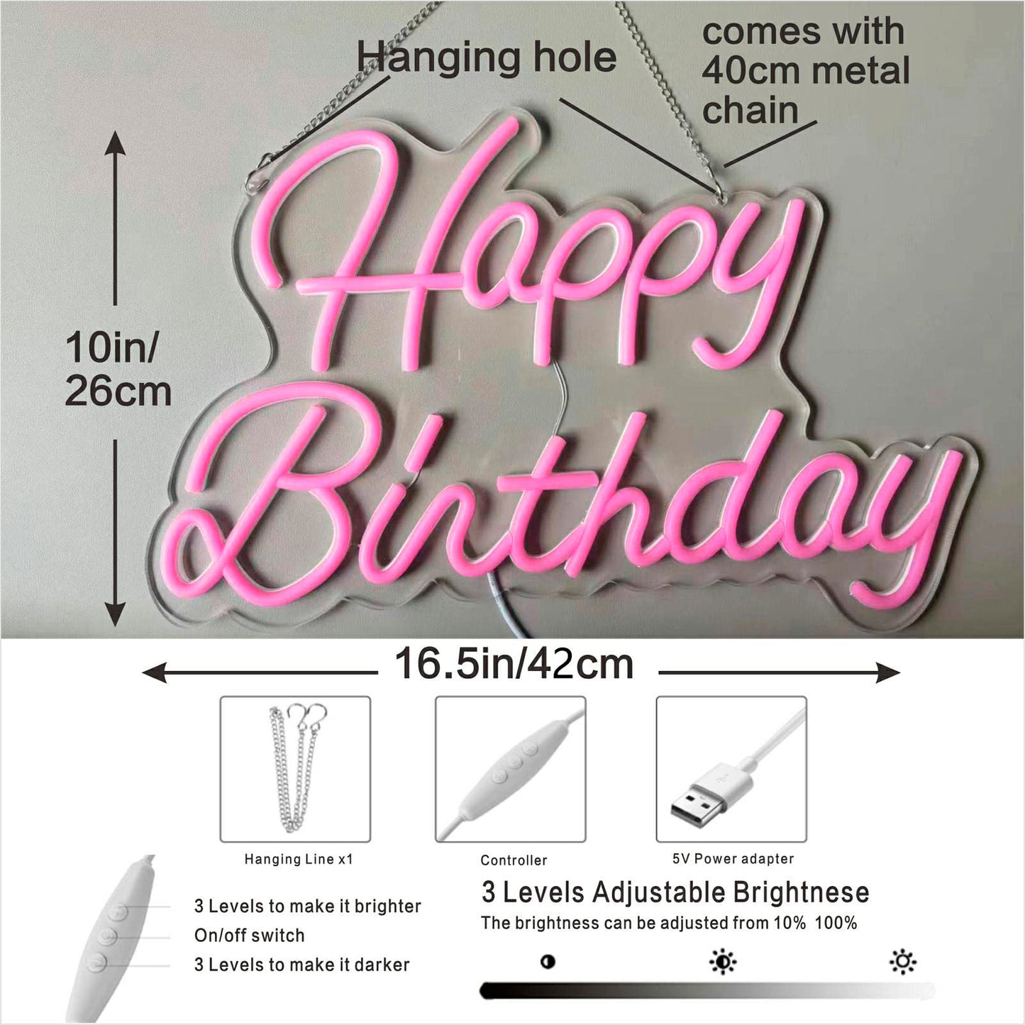 Happy Birthday Neon Sign Home Decor Lights Bedroom Wall Decor Night Light Happy Birthday Light Up Sign Birthday Party Decoration Dimmable Switch Reusable LED Neon USB Power Supply 5V (Pink)