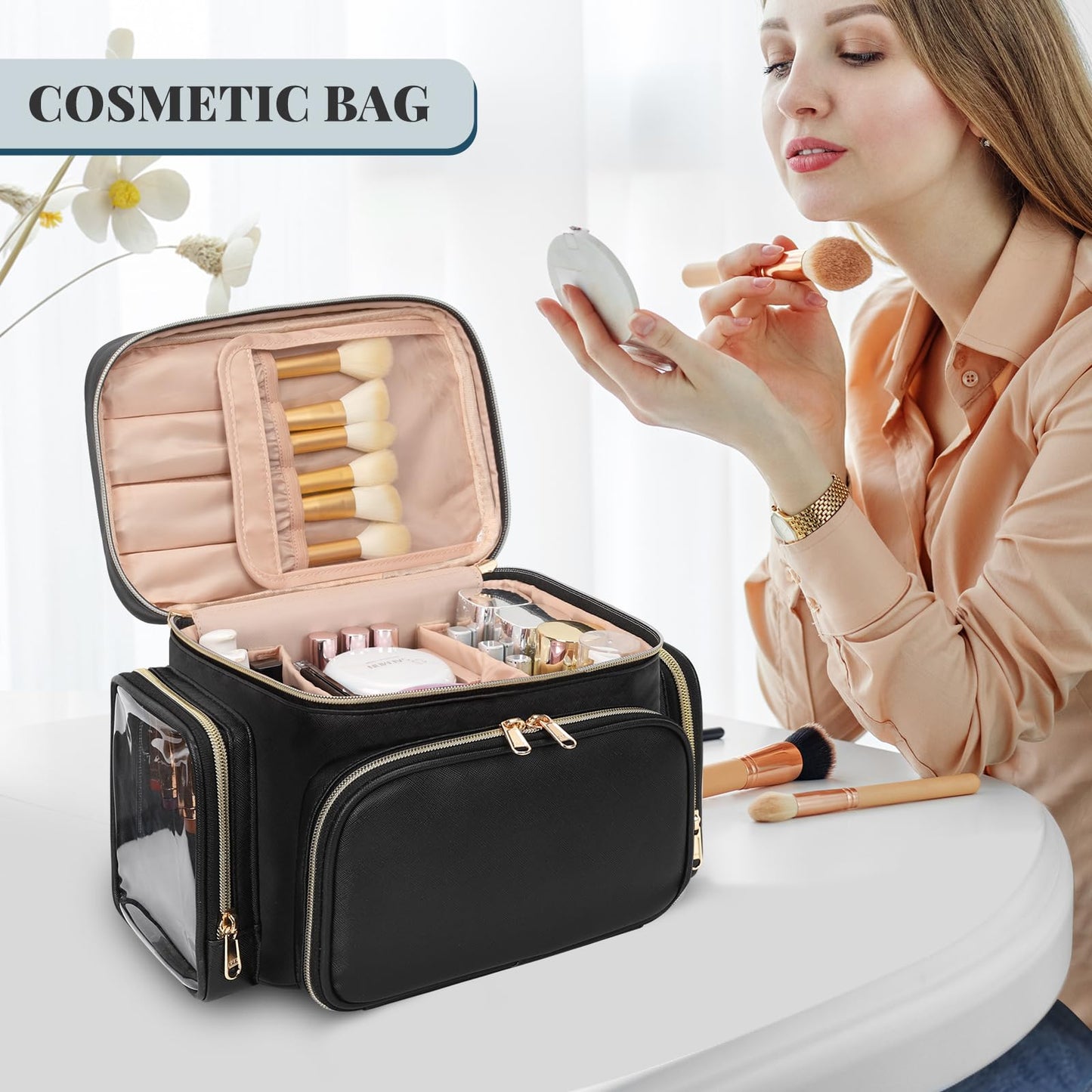 Bagmoly Large Makeup Bag, Portable Travel Makeup Bag Organizer for Women Girls with Makeup Brush Compartment & Two Side Pockets, Cosmetic Travel Bag Vertical Storage Toiletry Bag - Black