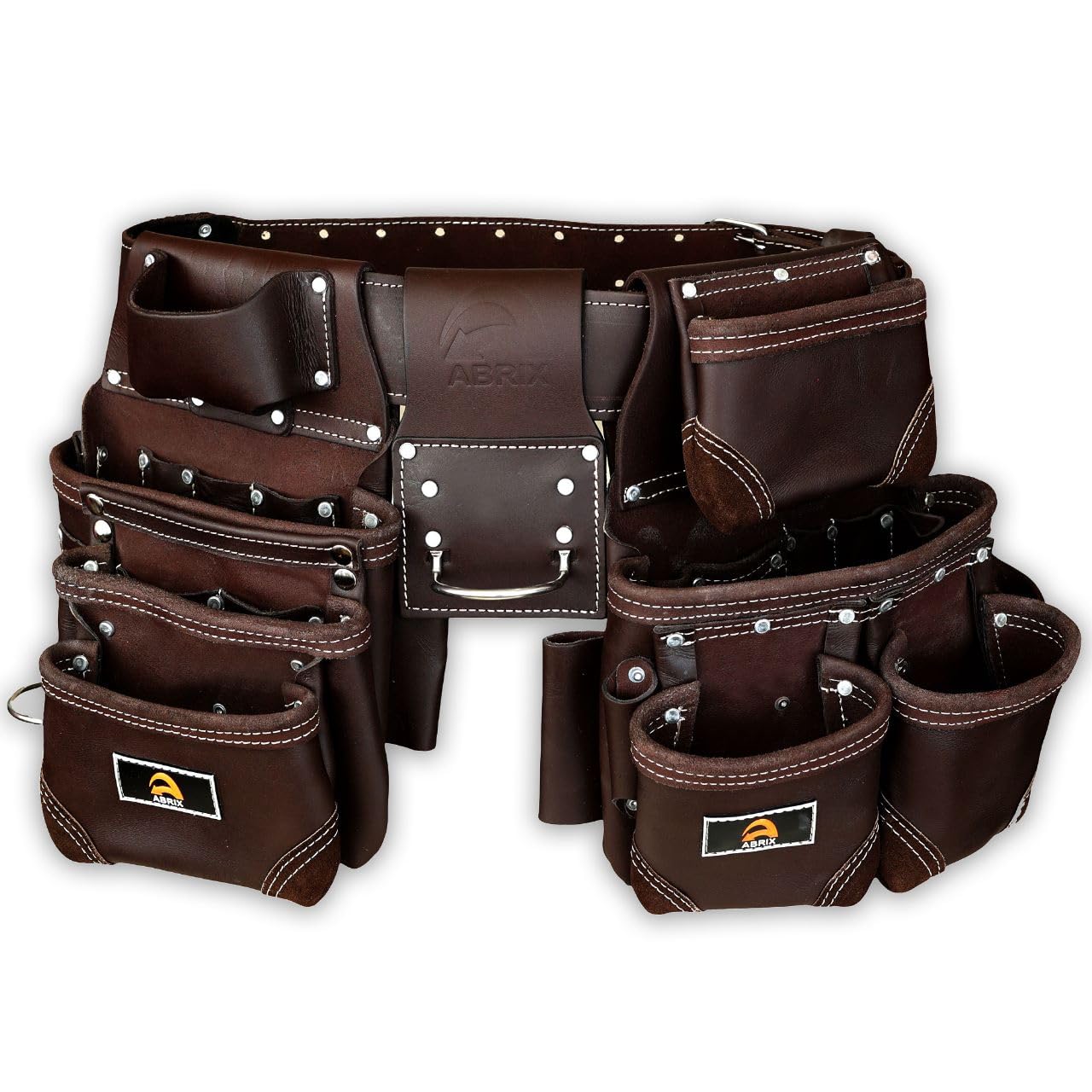 ABRIX Heavy Duty Tool Belt for Men – 4MM Thick Genuine Leather, Brass Buckle & Rivets | Foam Padded Comfort | 28-Pocket Carpenter & Framing Rig | Fits Waist 32 to 52 Inches | Professional Work Belt