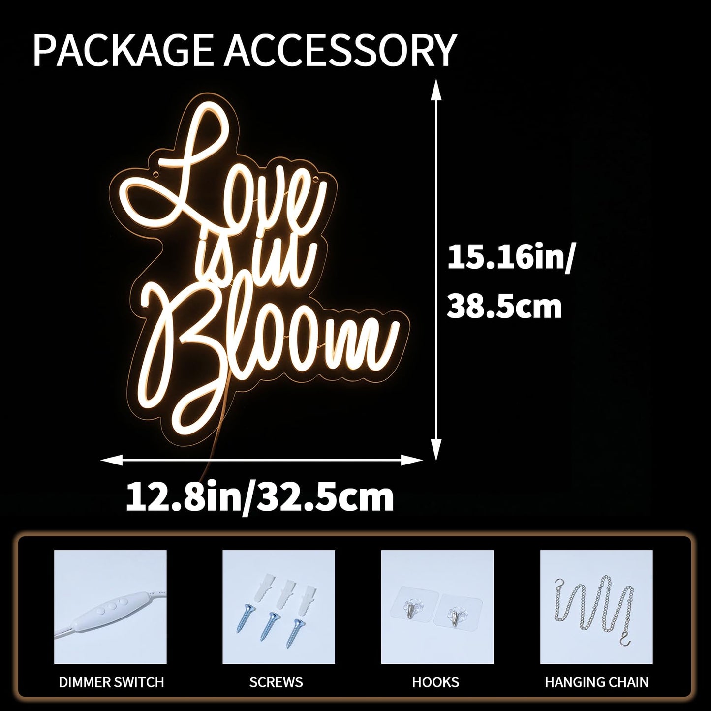 Virlusy Love is in Bloom Neon Sign for Wall Decor Dimmable Led Lights Signs Letters Signs for Bridal Shower Warm White Neon Light Room Decor for Wedding Engagement Christmas Party Gift 12.8*15.16 in