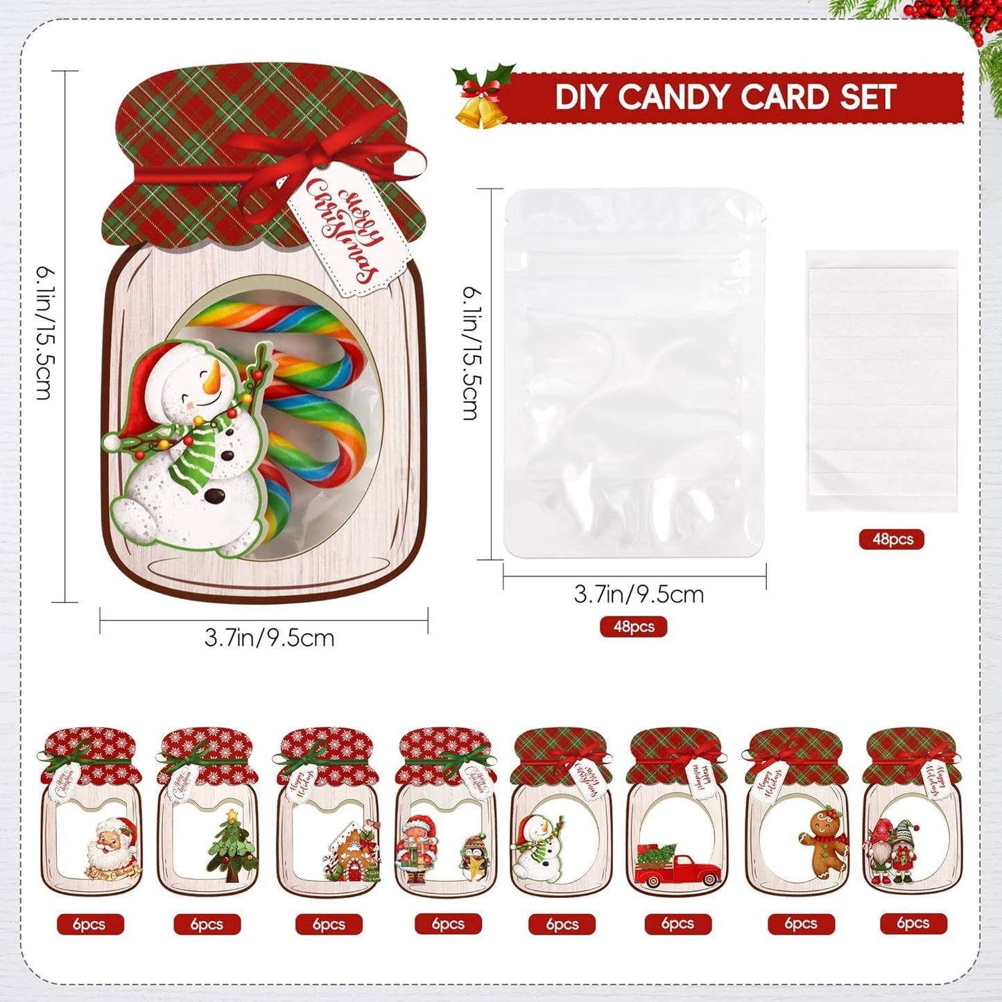 Giiffu Christmas Treat Bags with Cards 48-Pack, Mason Jar Goodie Bag for Kids, DIY Candy Holder for School Classroom Gift Exchange, Bulk Party Favors & Stocking Stuffers