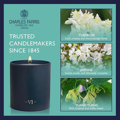 Charles Farris Luxury Scented Candle – 1 Wick, Hand-Poured, Long Lasting, Clean Burning, 210g / 7.5oz, Burns for up to 50 Hours, Made in England – Tuberose, Jasmine & Ylang Ylang – Garden of Eden