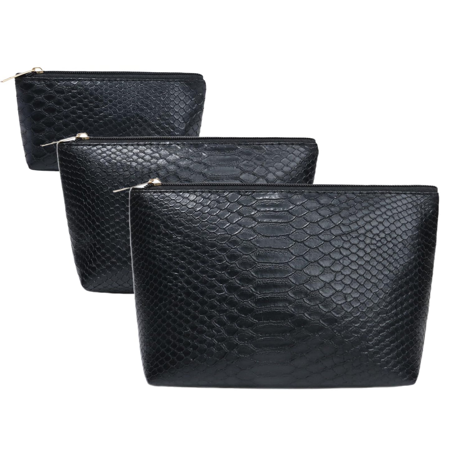 lllyan 3 Pcs Makeup Bag Set for Women Black Soft Leather Travel Cosmetic Bag Make Up Pouch Small Travel Zipper Pouch,Water-resistant Makeup Organizer Bag for Women（Black）