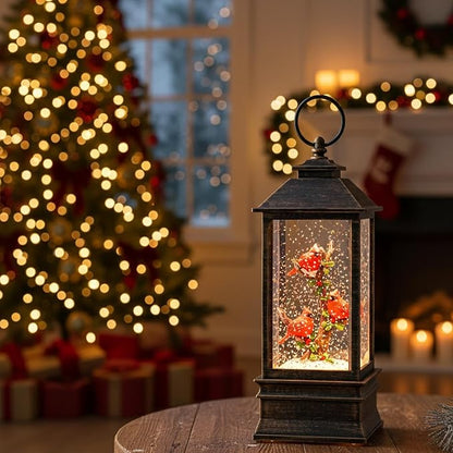 Christmas Snow Globe Lantern Water Glittering 10'' Cardinal with Music & Timer, USB Lined/Battery Operated Lighted Lantern for Christmas Festival Decoration Gifts