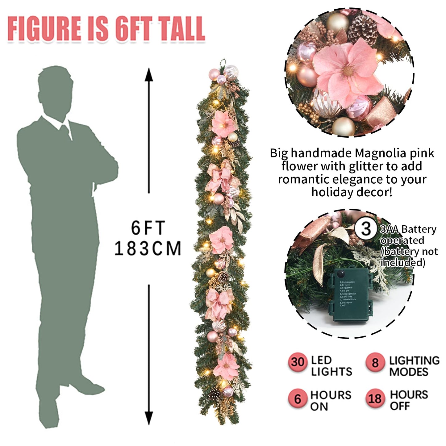 6ft Pink Gold Christmas Garland with Lights,20 LED with Timer, Lighted Door,Fireplace, Mantel and Stairs Winter Decor,Entryway Porch Decoration,prelit Elegant Magnolia Garland for Front Door