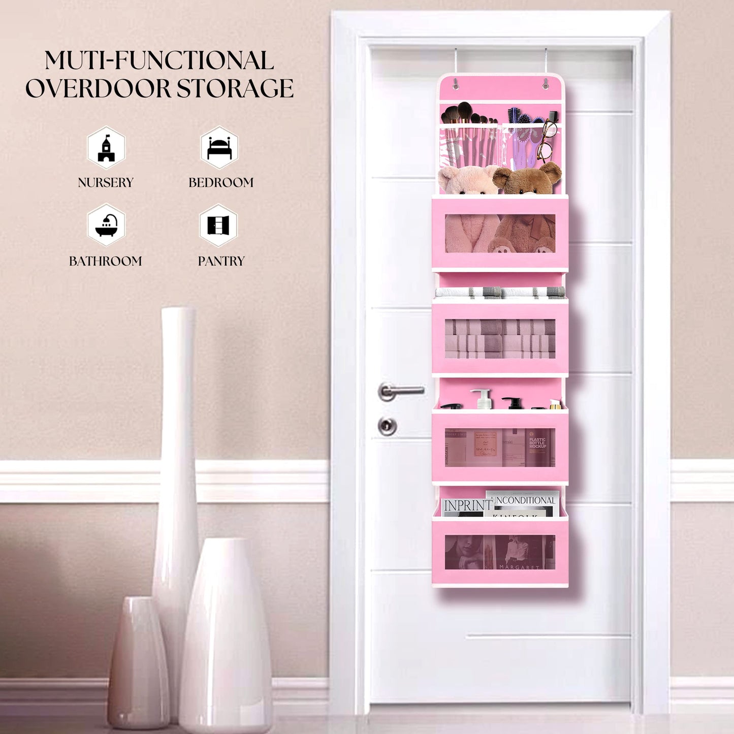 Giraffe Creation Over Door Organizer with 4 Large Capacity Pockets, Hanging Organizer Storage for Closet Bathroom Nursery Bedroom Dorm, Toys Cosmetics Sundries and Baby Essentials, Pink