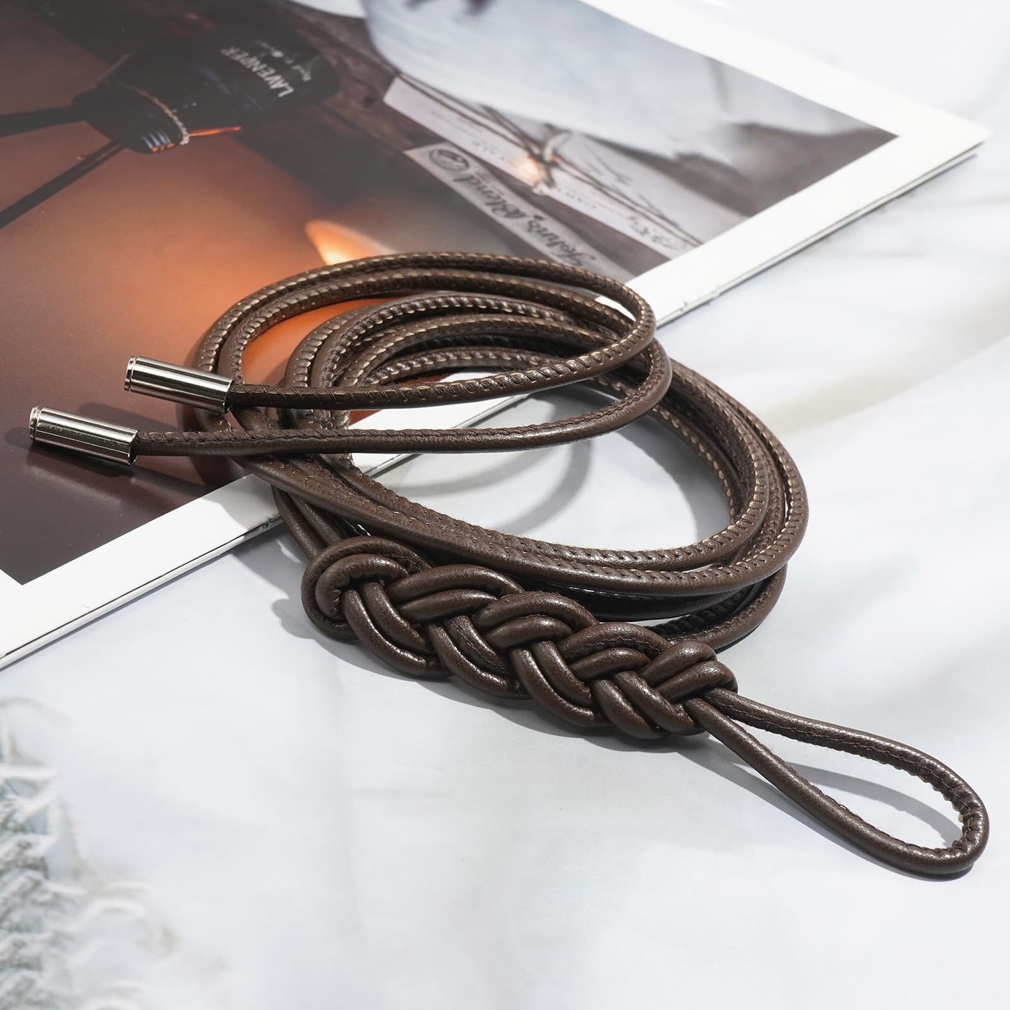 JUXCOKO Women's Knotted Thin Waist Belt PU Leather Skinny Belts for Dresses Pants(Plaited Hair-Coffee)