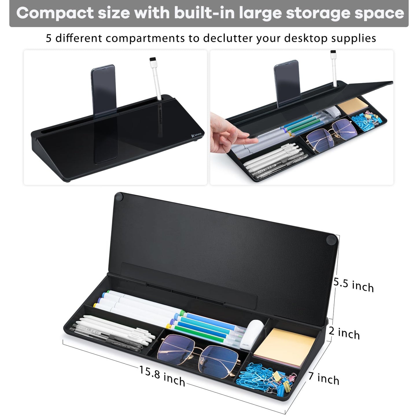 Varhomax Desktop Whiteboard with Storage, Desk Organizer Dry Erase Glass White Board to-do List Memo Notepad for Home Office and School Supplies (Black)