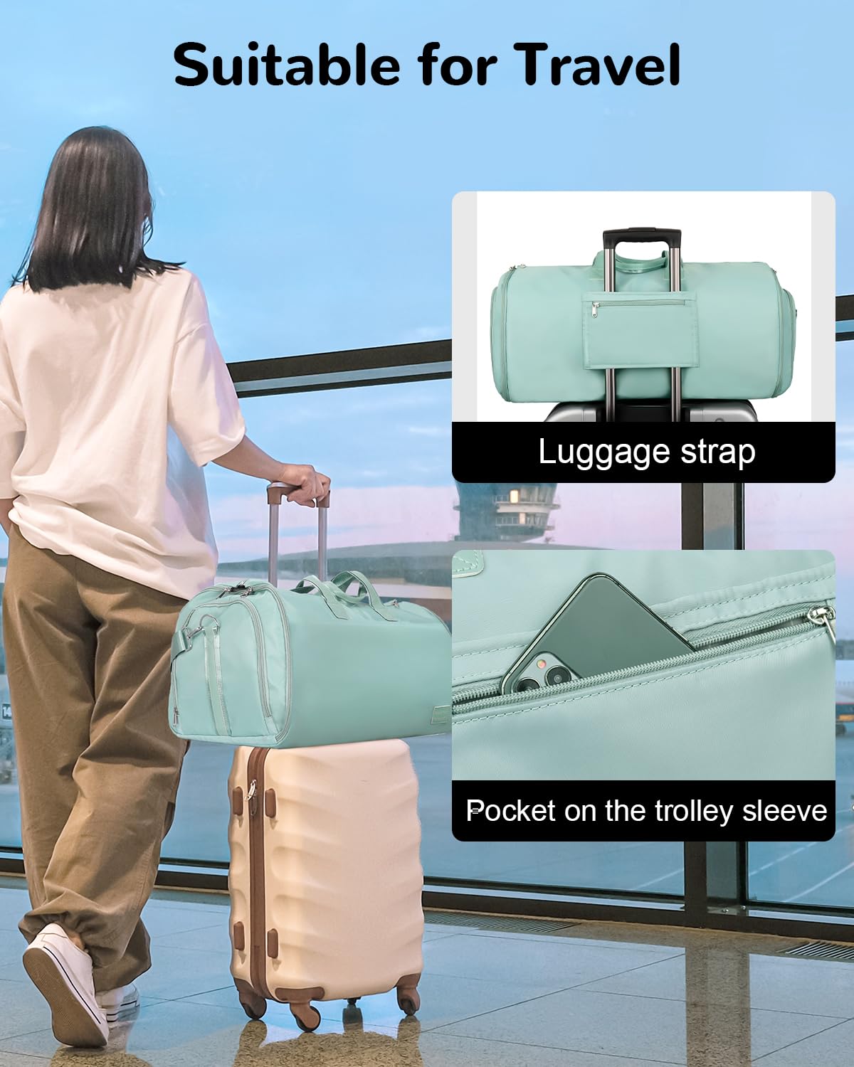 Outplea 47L Large Convertible Travel Garment Duffel Bag for Men Women, 2 in 1 Hanging Suit Bag with Shoulder Strap, Green