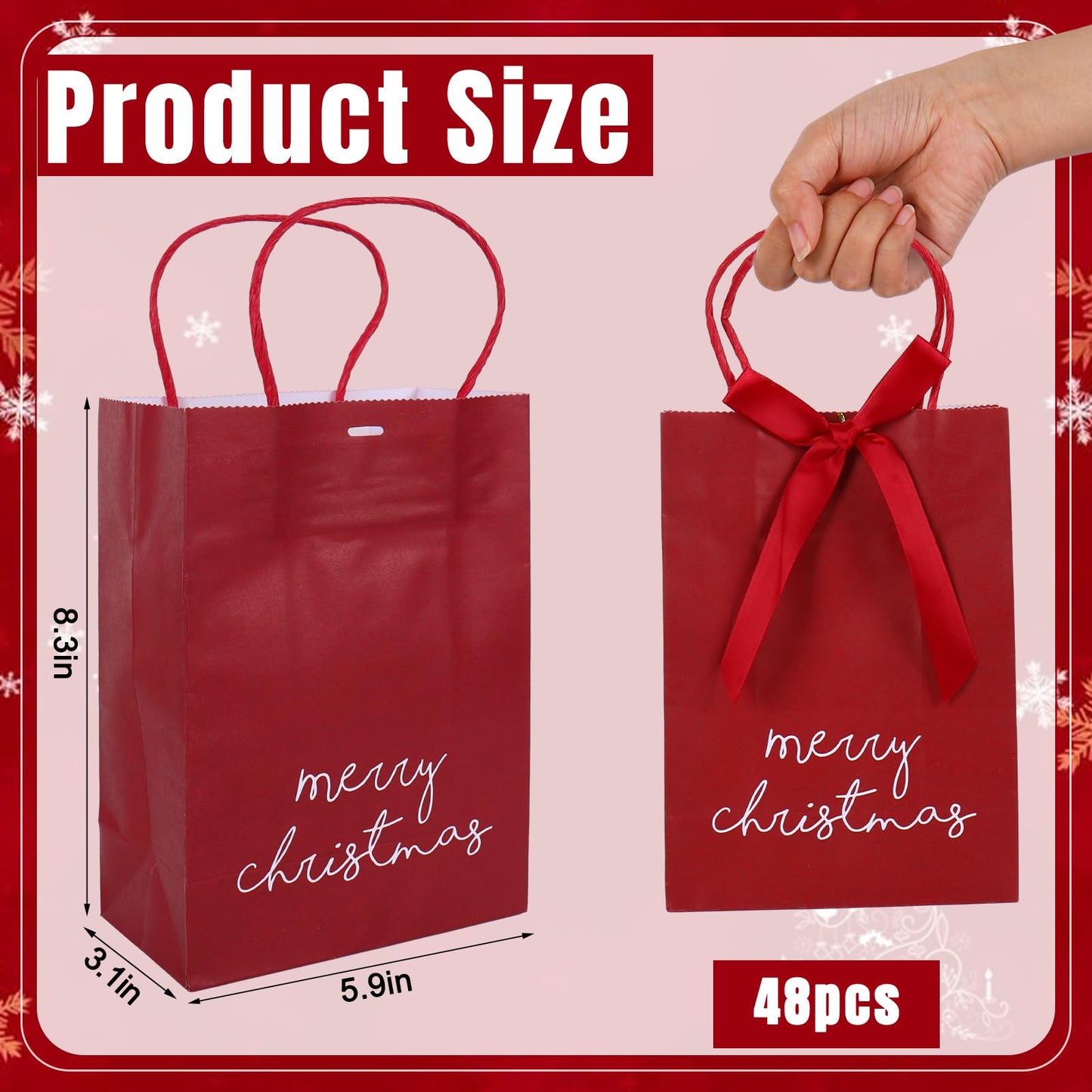 JarThenaAMCS 48Pcs Merry Christmas Kraft Paper Gift Bag with Bow Red Green Treat Bags with Handles Candy Goodie Bags for Winter Xmas Holiday Birthday Wedding Party Favors Supplies