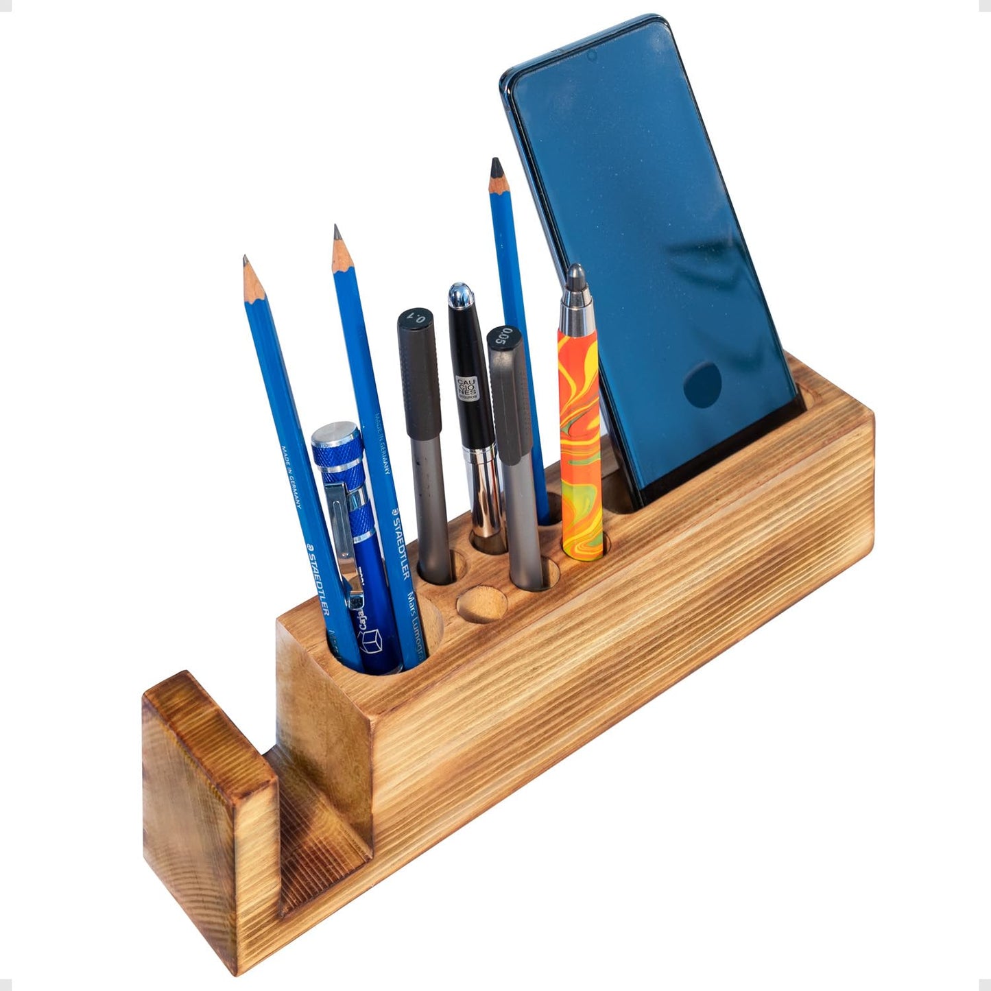 Hoffengwell Wooden Desk Organizer with Phone Holder – Stylish & Functional Book, Pen and Cell Phone Charging Stand - Solid Wood Desk Top Organizer