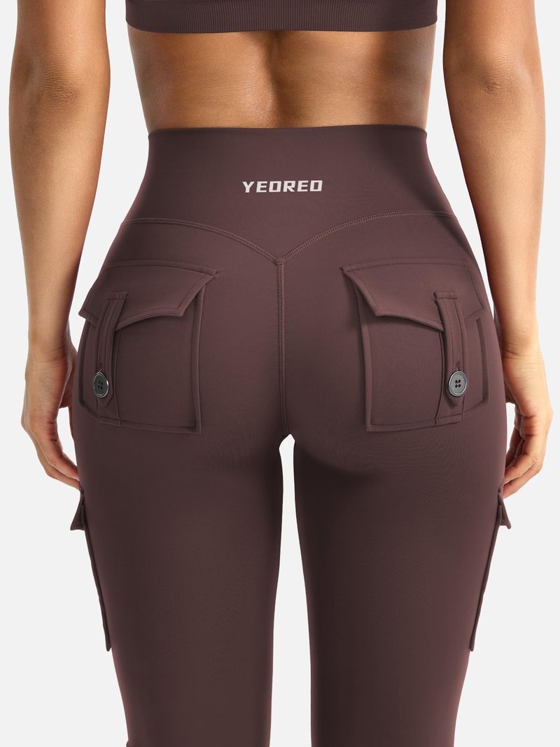 YEOREO CoreFlex Women Workout Flare Leggings with Pockets Hidden Scrunch High Waisted Cargo Gym Yoga No Front Seam Leggings Brown M