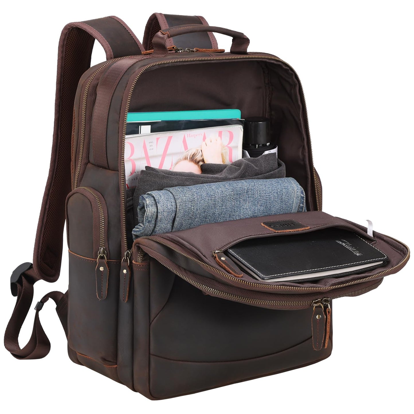 TIDING Full Grain Leather 17.3 Inch Laptop Backpack for Men Large Capacity Travel Weekender Camping Daypack Rucksack