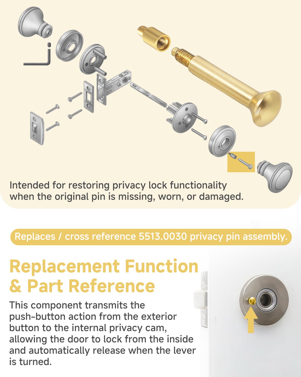 5513.0030 Privacy Pin Replacement Compatible with Baldwin Estate Lever Privacy Latch Door Lock Threaded Push Pin with Coupler Polished Brass 1 Set