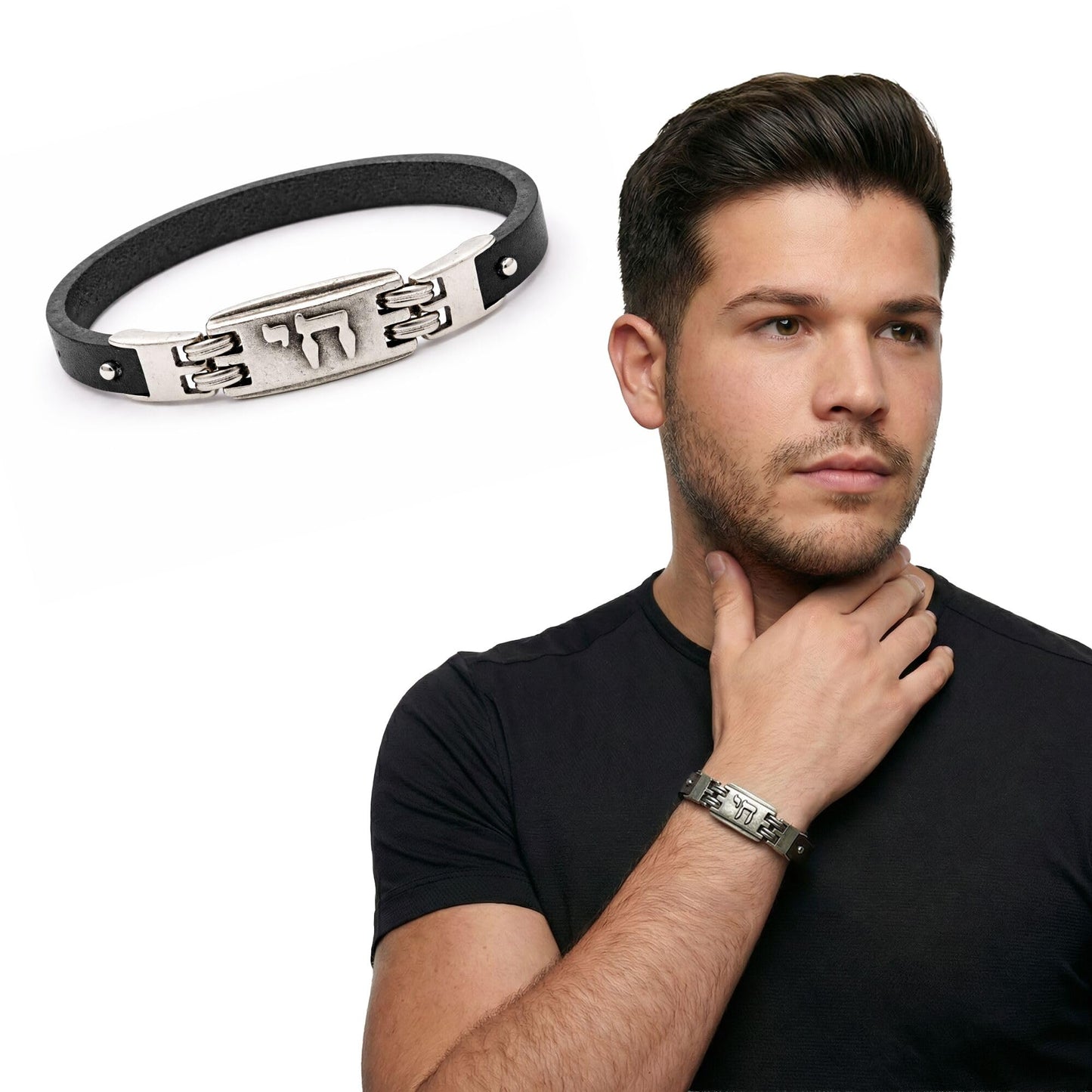 Alef Bet by Paula Chai Leather Bracelet for Men and Boys - Genuine Black Leather with Silver Plated Hebrew Chai Charm - Symbol of Life - Adjustable Bar Mitzvah Gift