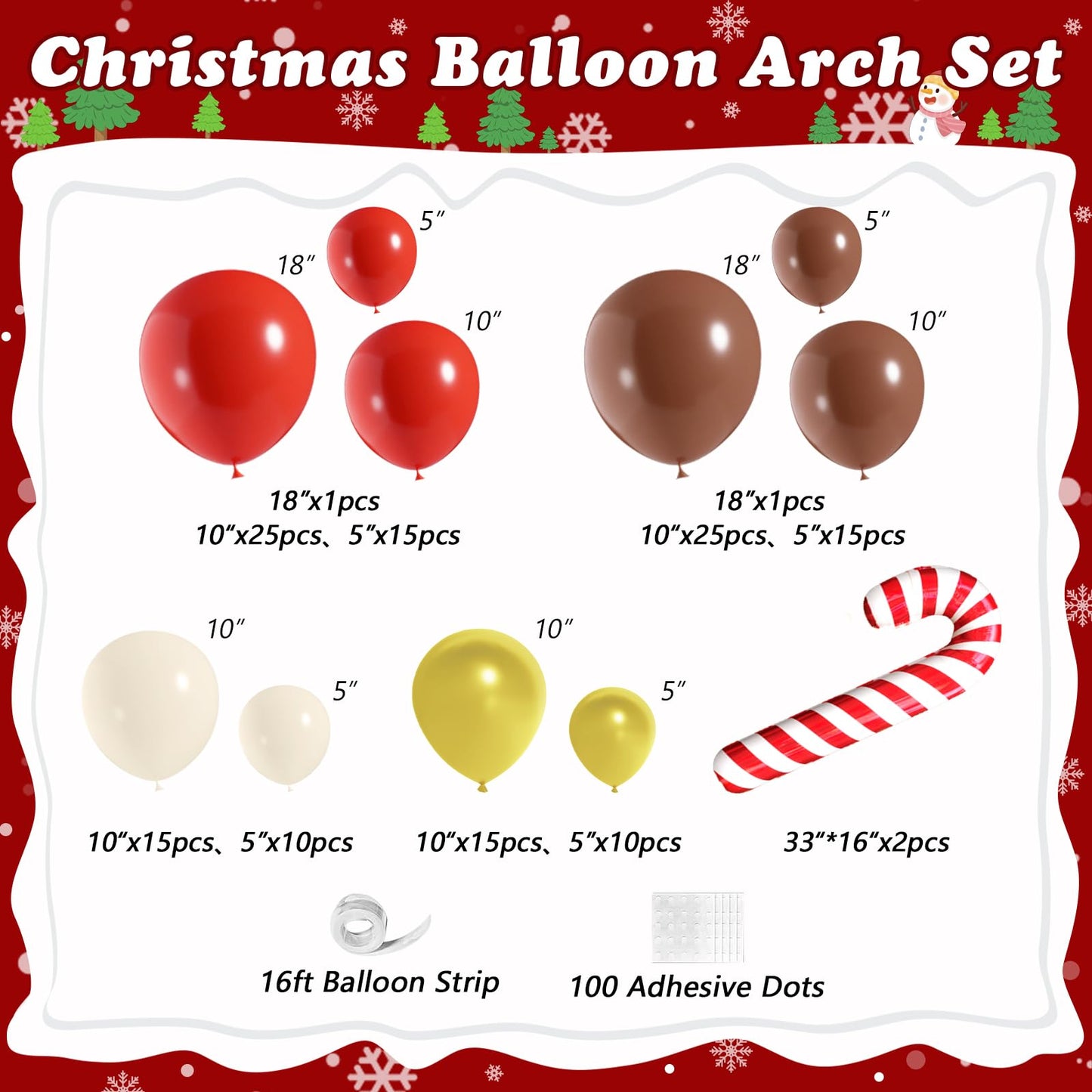 Christmas Reindeer Balloon Arch Garland Kit with 136Pcs Red Brown Sand White Gold Balloons Candy Cane Foil Balloon for Woodland Xmas Winter New Year Party Decorations