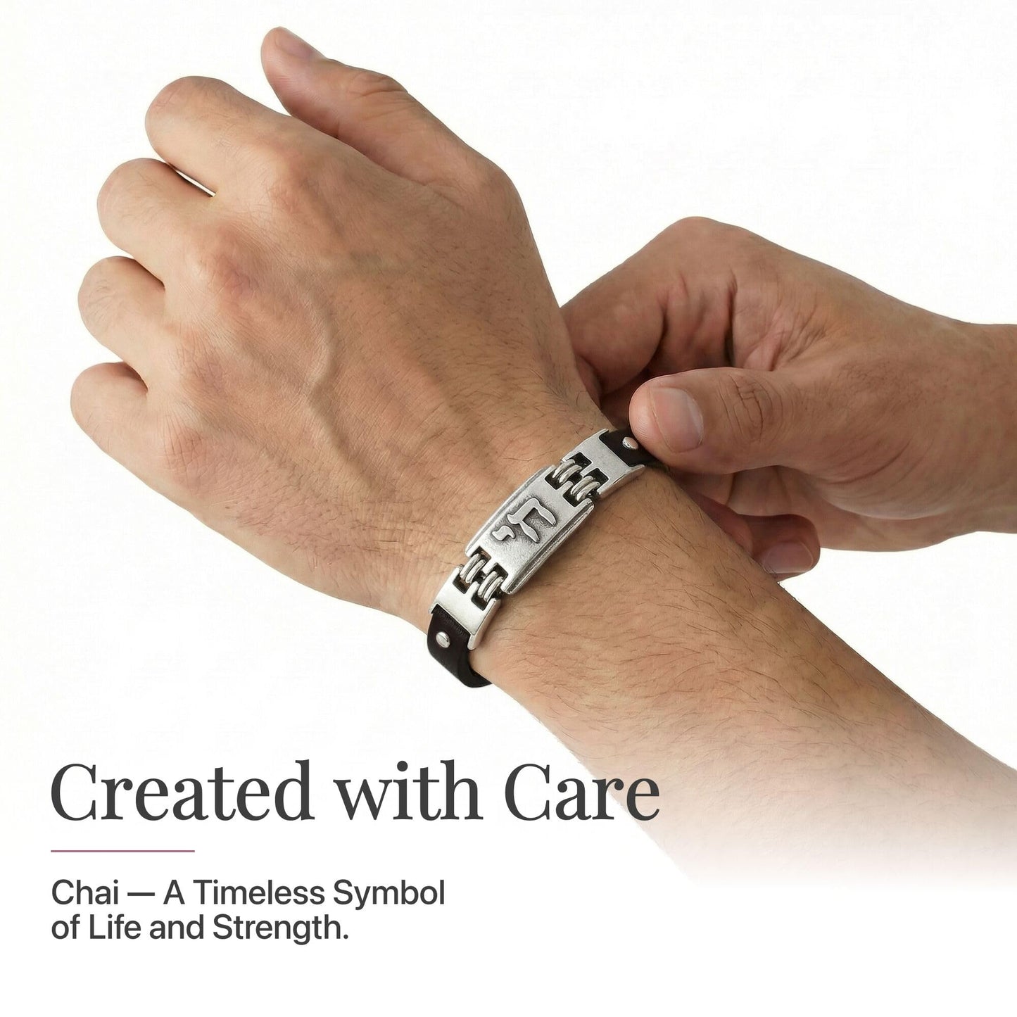 Alef Bet by Paula Chai Leather Bracelet for Men and Boys - Genuine Black Leather with Silver Plated Hebrew Chai Charm - Symbol of Life - Adjustable Bar Mitzvah Gift