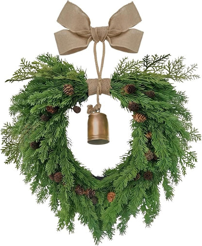 Christmas Wreath for Front Door, Heart-Shaped Holiday Wreath with Bell & Real Pine Cones, Artificial Green Leaves for Indoor & Outdoor Wall Decor, Garden Party Decoration (20 inches)