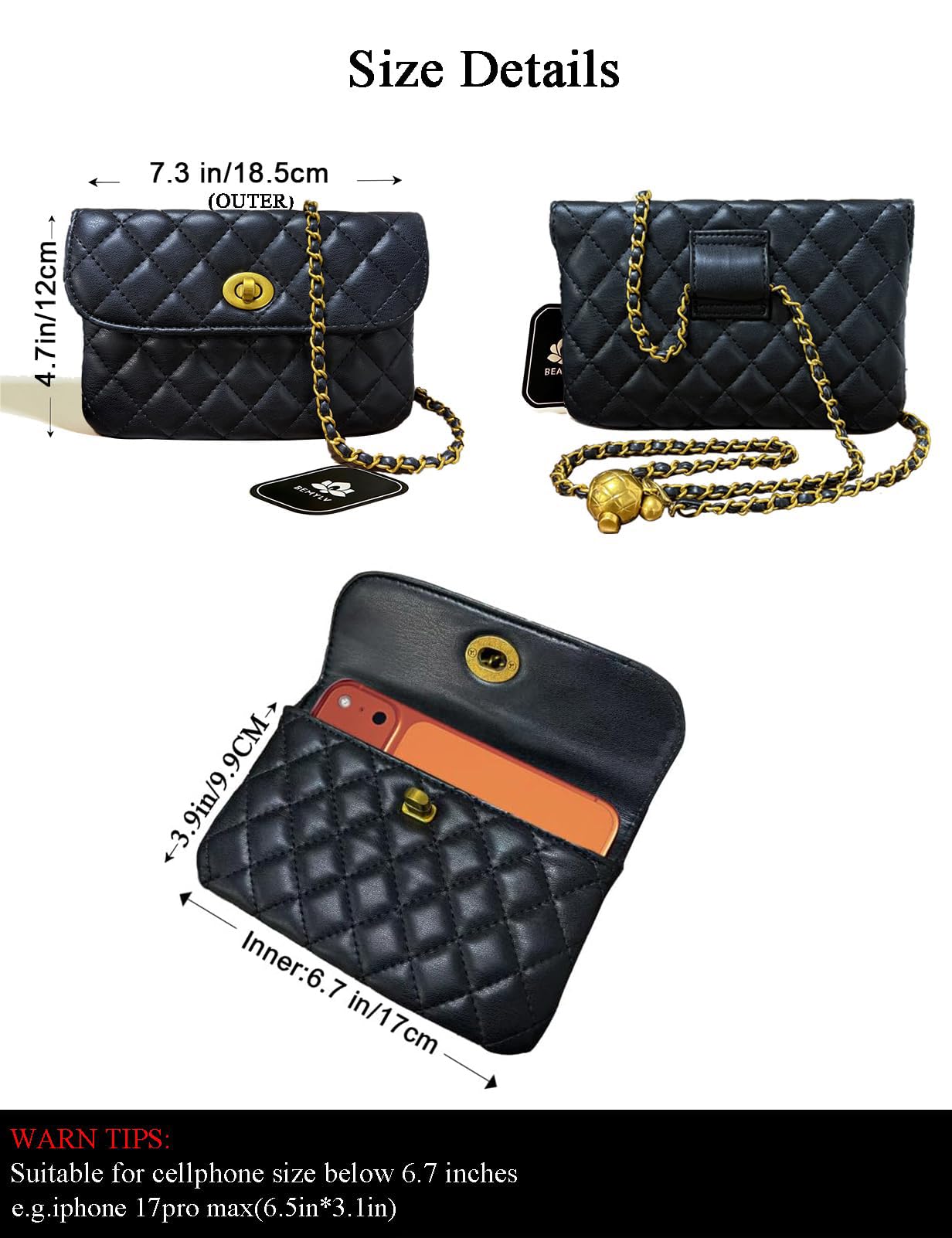 BEMYLV Leather Chain Belt Bag for Women Black Crossbody Phone Purse Adjustable Fanny Pack Fashion Waist Purse Evening Clutch Detachable Mini Handbag