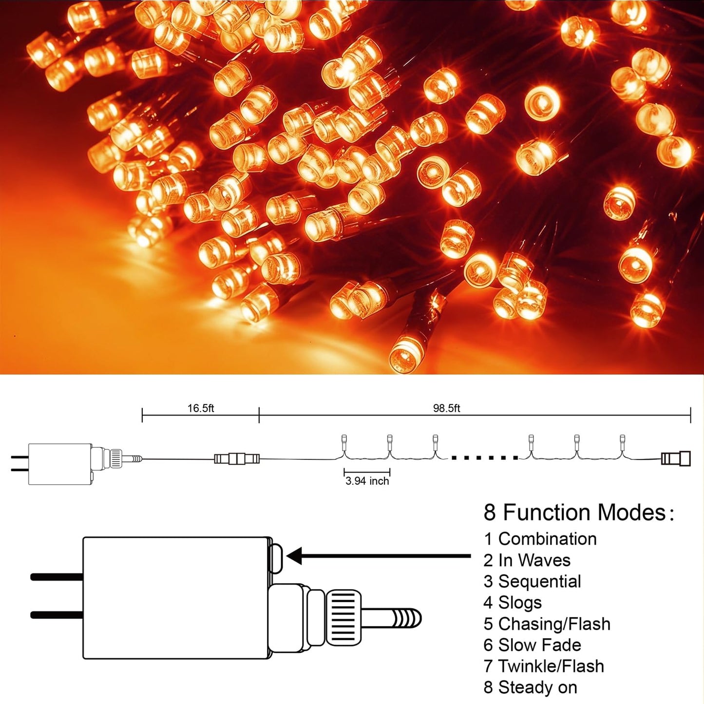 300 LED Halloween Lights, 98.5FT Halloween String Lights with 8 Lighting Modes, Waterproof & Connectable Mini Light, Plug in for Indoor Outdoor Holiday Christmas Party Bedroom Decorations (Orange)