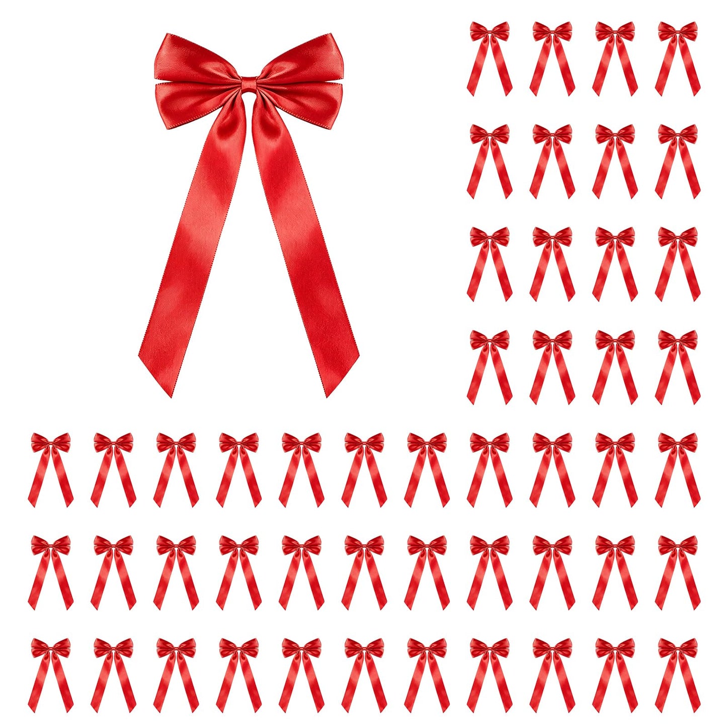 50Pcs Red Satin Bows for Christmas Tree, 4 x 8 inch Xmas Ornaments with Pre-Made Twist Ties & Self-Adhesive, for Tree Cabinet Front Door Wreath Holiday Home Decor