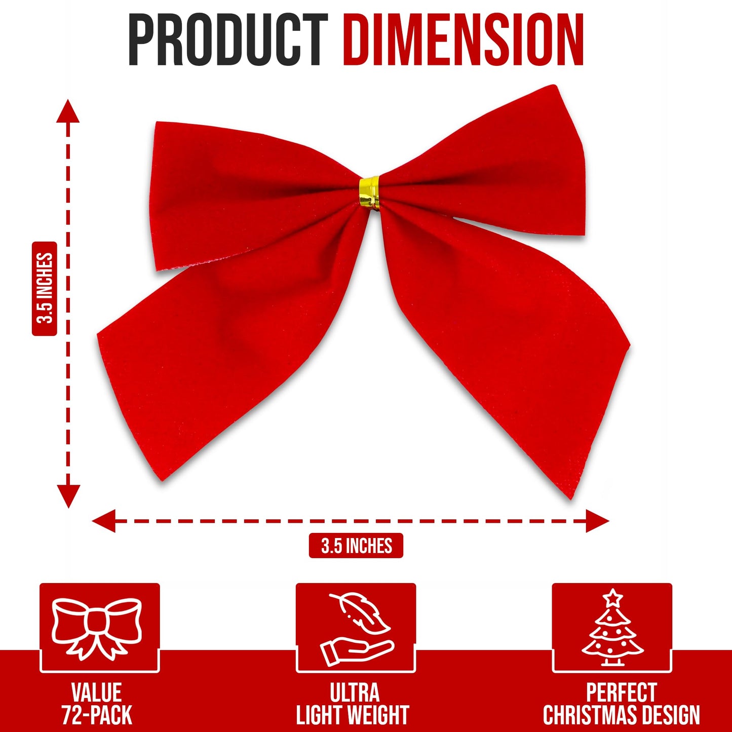 Iconikal Mini Small Velvet Bows, Red, 3.5 x 3.5-Inch, 72-Pack