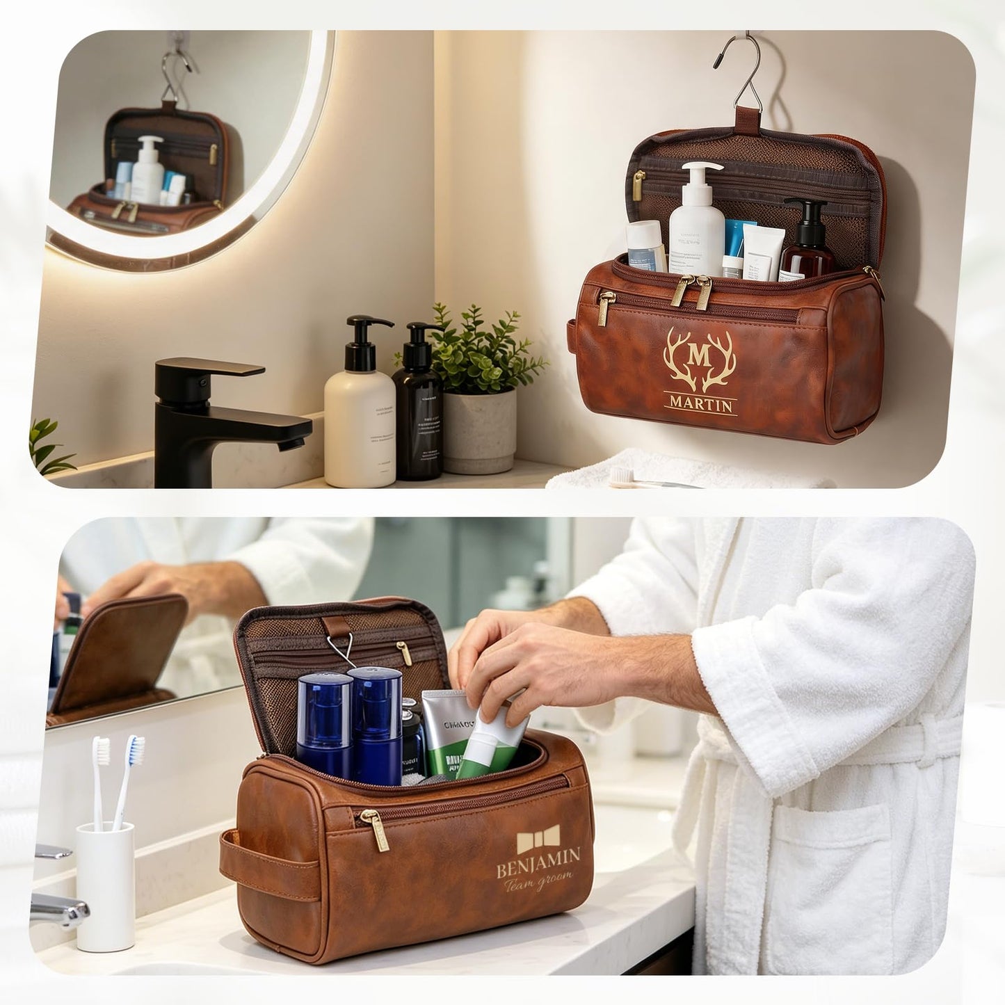 Aeekdook Personalized Toiletry Bag for Men - Engraved Name/Logo, Waterproof PU Leather Dopp Kit with Hanging Multi-Compartment, Unique Gifts for Men Husband Groomsmen Boyfriend Birthday Father's Day