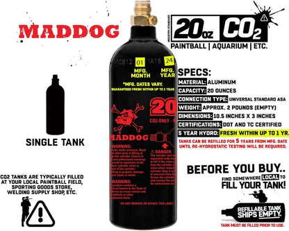 Maddog 20 Oz Refillable Aluminum CO2 Paintball Tank | Lightweight & Durable Design