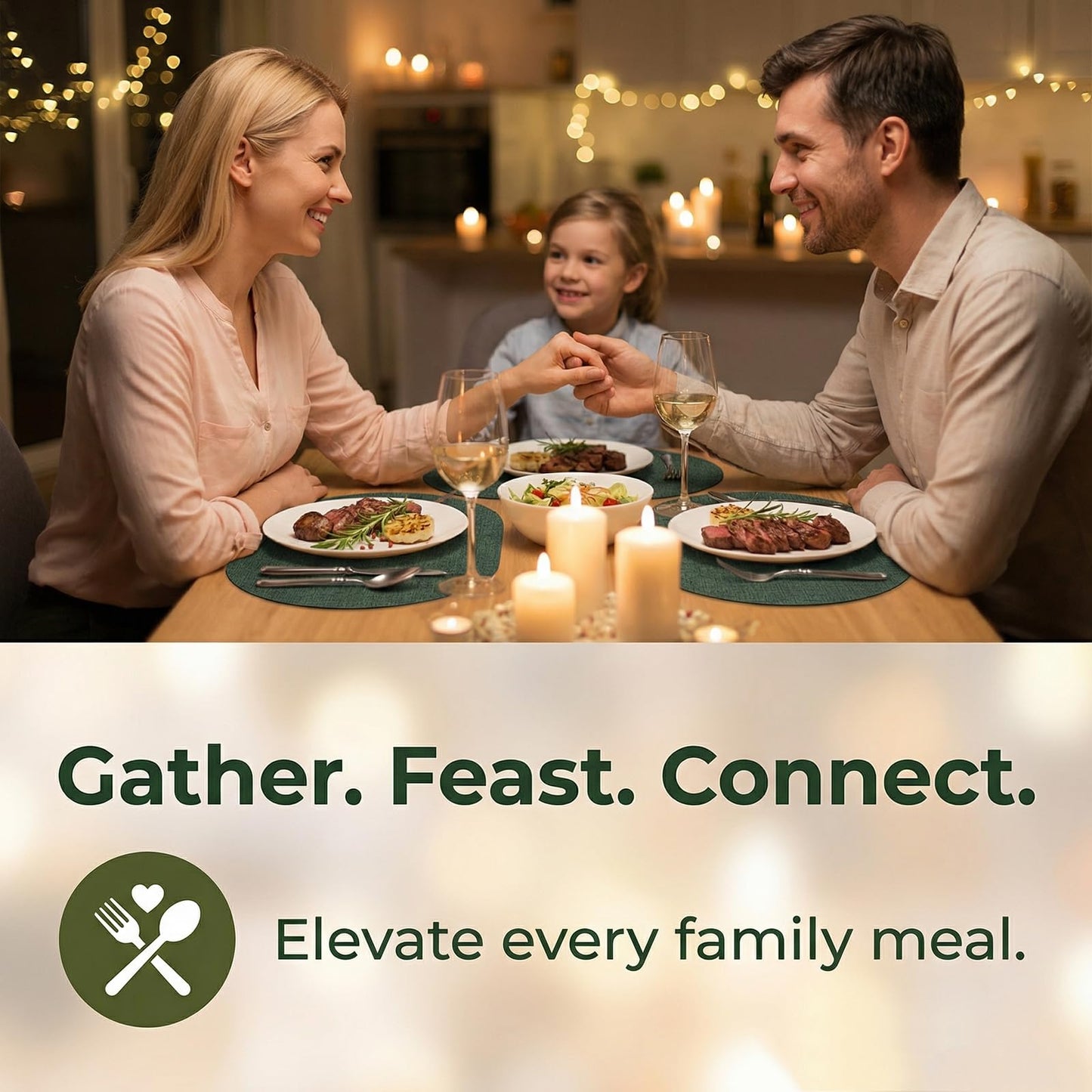 BARTHKIT Placemats Set of 6 - Washable Heat Resistant Table Placemats - Wipeable Faux Leather Oval Place Mats, Waterproof Table Mats for Dining Table, Green