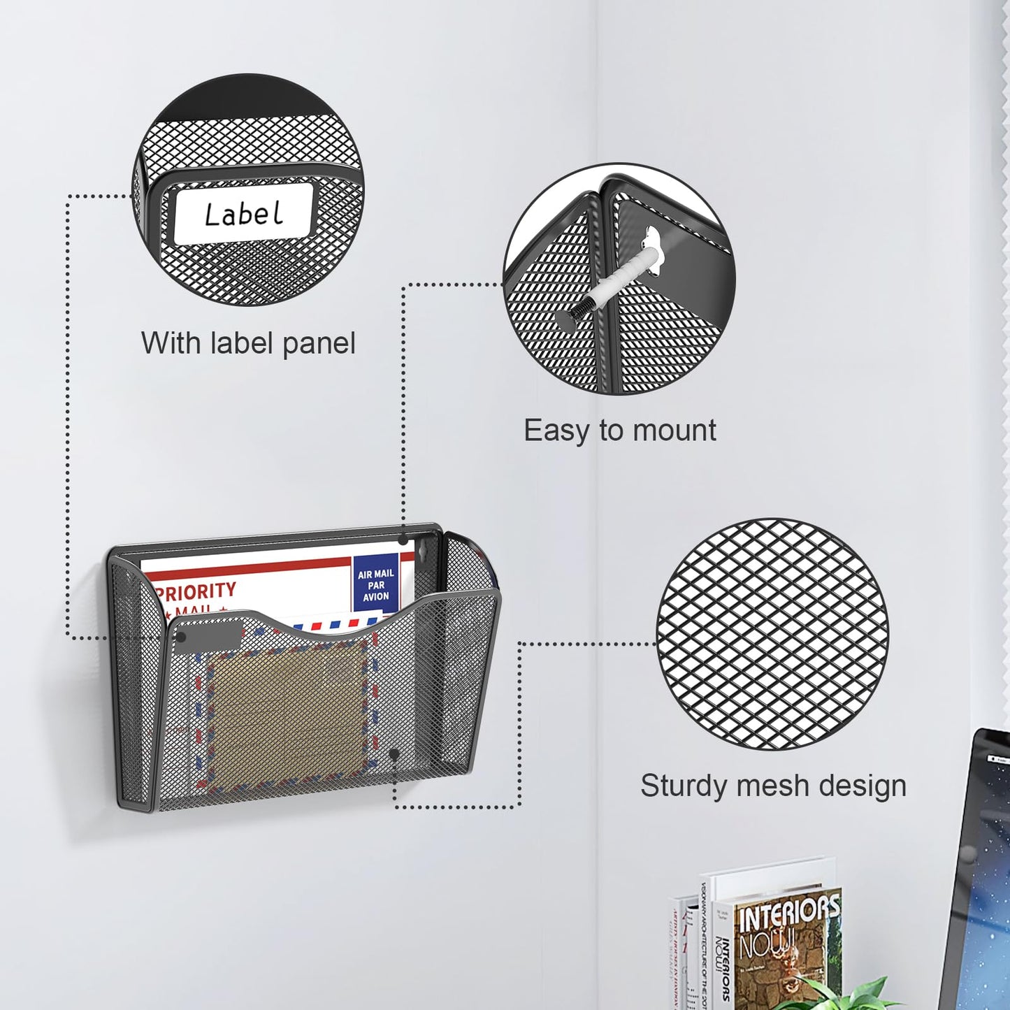 samstar 6 Pack Mesh Wall Mounted File Holder Metal Wall File Pocket Mail Organizer for Office/Home(with Label Panel)