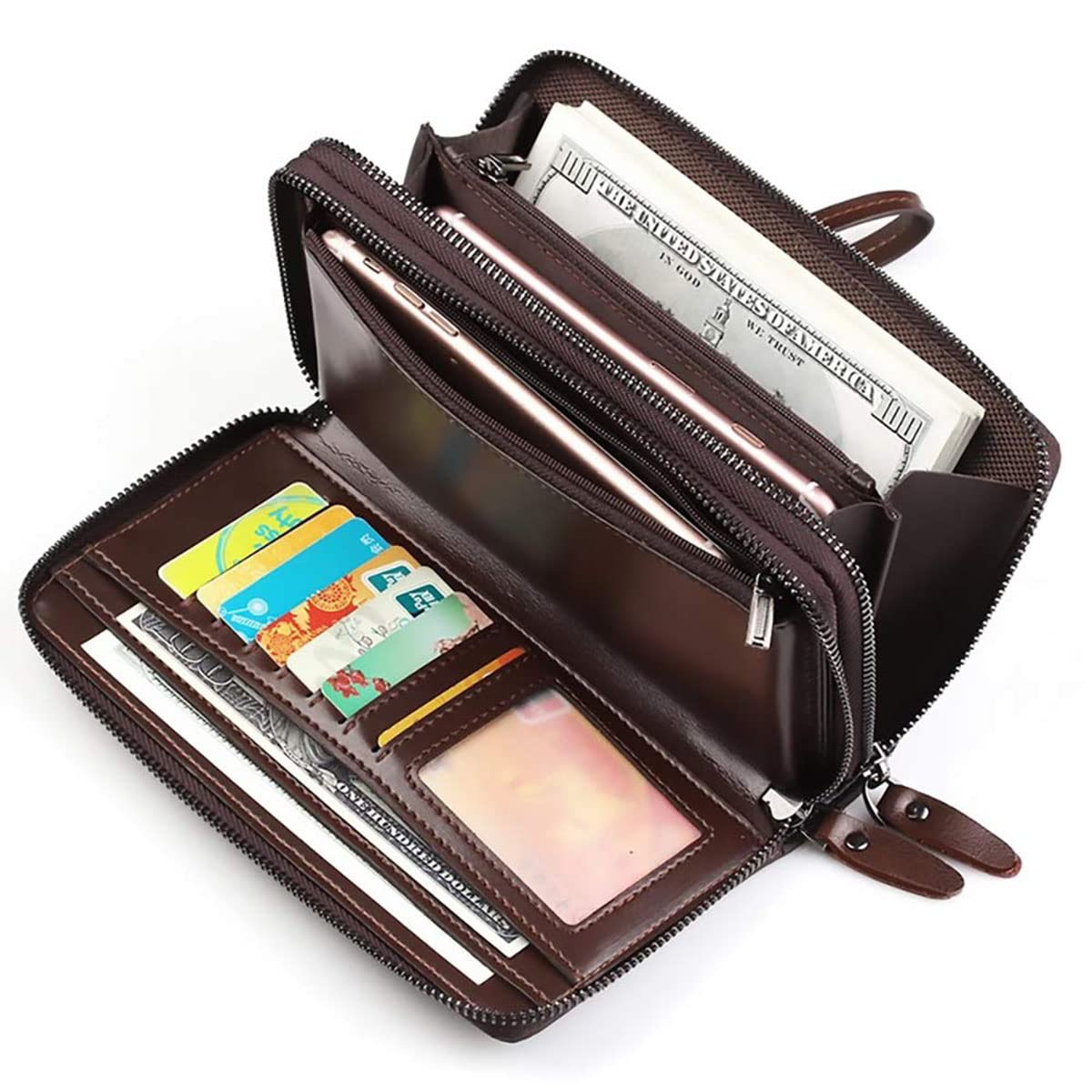 Large Wallet Clutch Long Leather Cellphone Purse Business Hand Cluth Bag Cell Phone Holster Creit Card Holder Card Lots Case Travel Wallet Gift for Men Women Father Husband Boyfriend (Double-Brown)