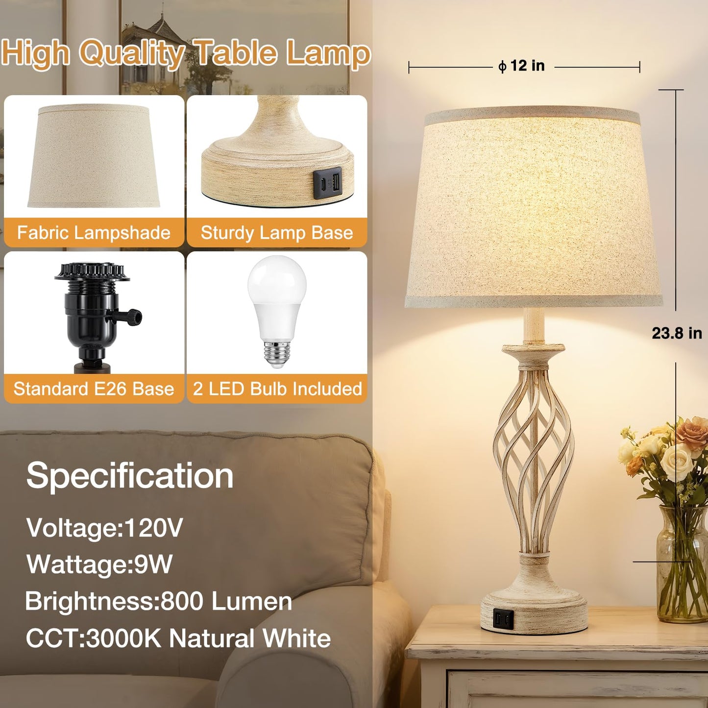 EJIAXIN Bedside Table Lamp for Bedroom Set of 2 - Beige Nightstand Lamps with USB C+A Ports,Rustic Distressed Farmhouse Bedroom Lamp - Lamp for Living Room Reading Bed Side End Table Bulbs Included
