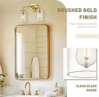 zeyu 14.4 Inch Vanity Light Fixture, Vintage Bathroom Lamp, Gold Bathroom Light Fixtures with Clear Glass Shade, Brushed Gold Finish, ZS62B-2W BG