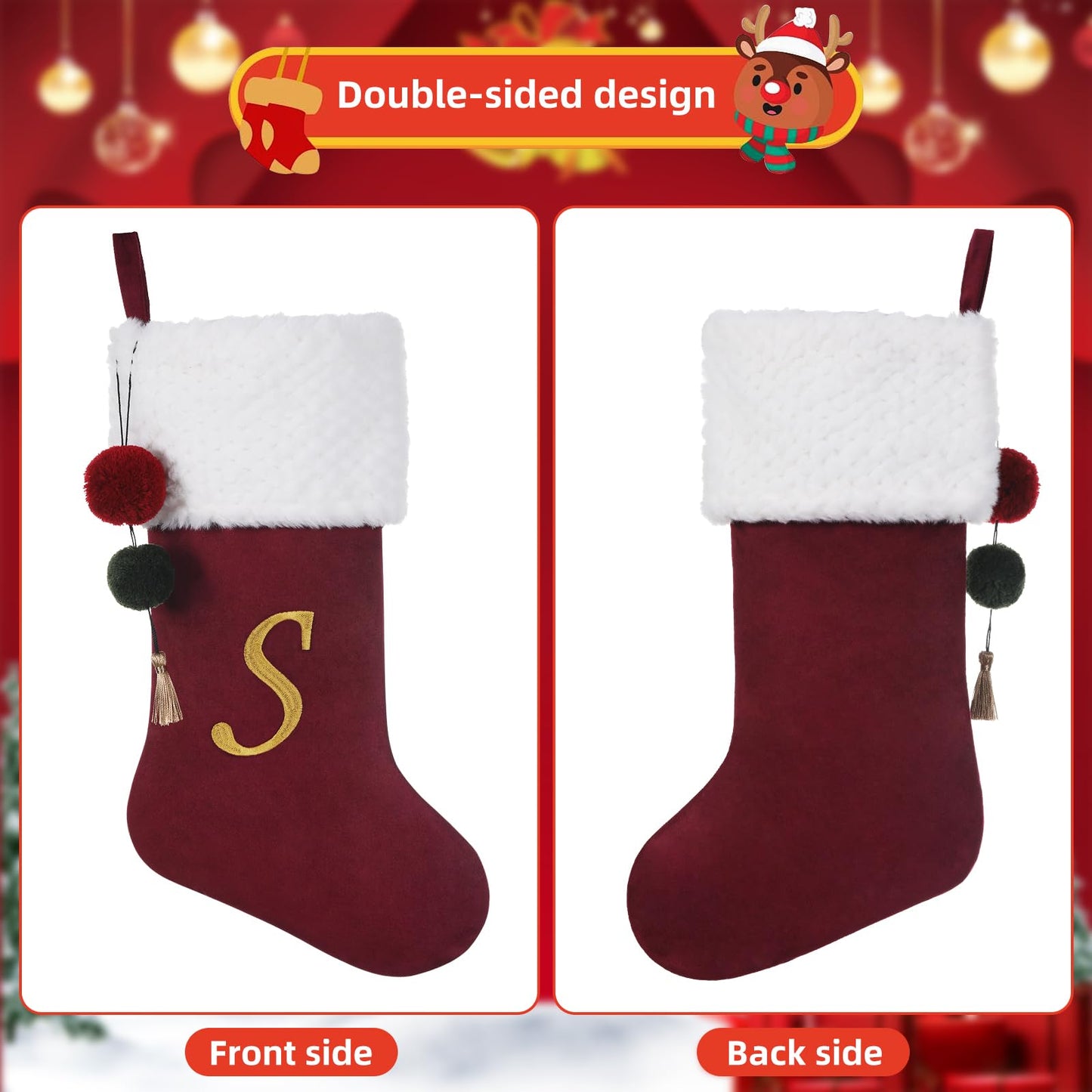 Pxniy 19.5" Personalized Burgundy Christmas Stocking with Embroidered Initials- Fireplace Stockings, Family Holiday Xmas Party Decor Mom