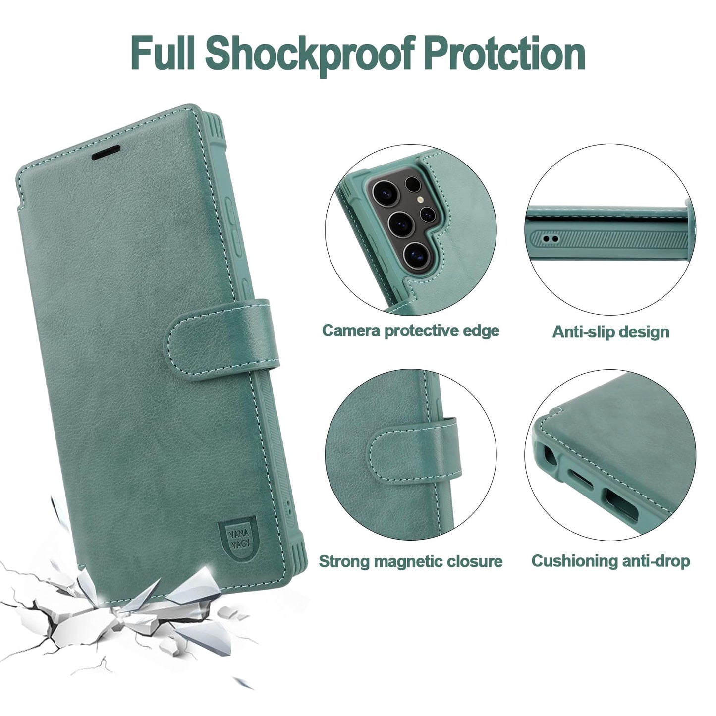 VANAVAGY Wallet Case for Galaxy S24 Ultra with RFID Blocking Card Holder, [Screen Protector & Camera Lens Protector] PU Leather Flip Case with Strap for Wireless Charging,Forest Green