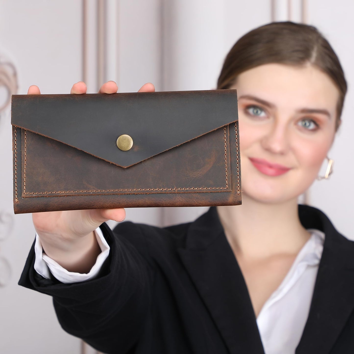 TheAntiq Brown Leather Cash Envelopes for Money - Small Money Pouch With Mobile Holder, Handmade Leather Wallets Currency Holder - Money Organizer for Cash Money Bag for Travel Wallets for Women