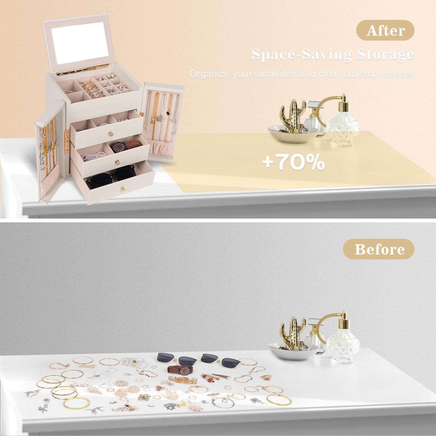 Dajasan Large Jewelry Box Organizer, Jewelry Storage Organizer with 3 Drawers, Huge Jewelry Box with Mirror for Women Girls, Double Door, Textured PU Leather, Gift Idea, Stylish (Beige + Gold)