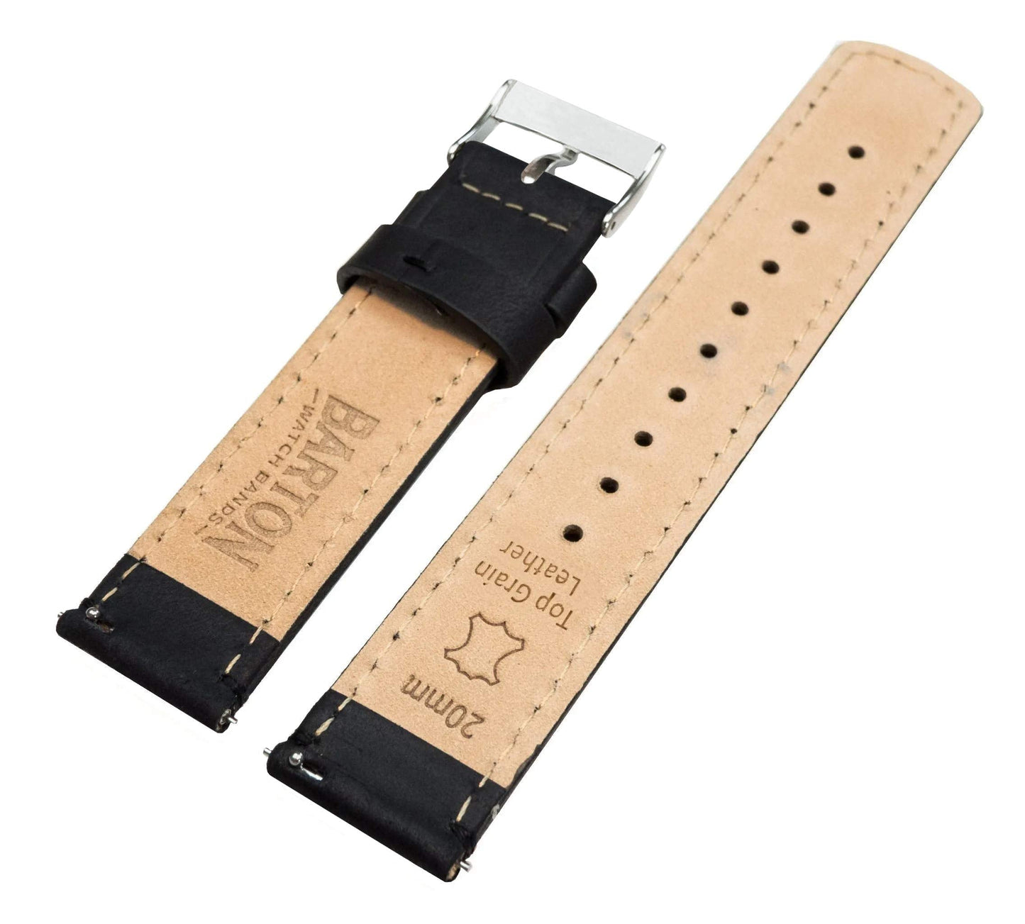 BARTON WATCH BANDS Quick Release Top Grain Leather Watch Band Strap, Black Leather/Black Stitching, 16mm