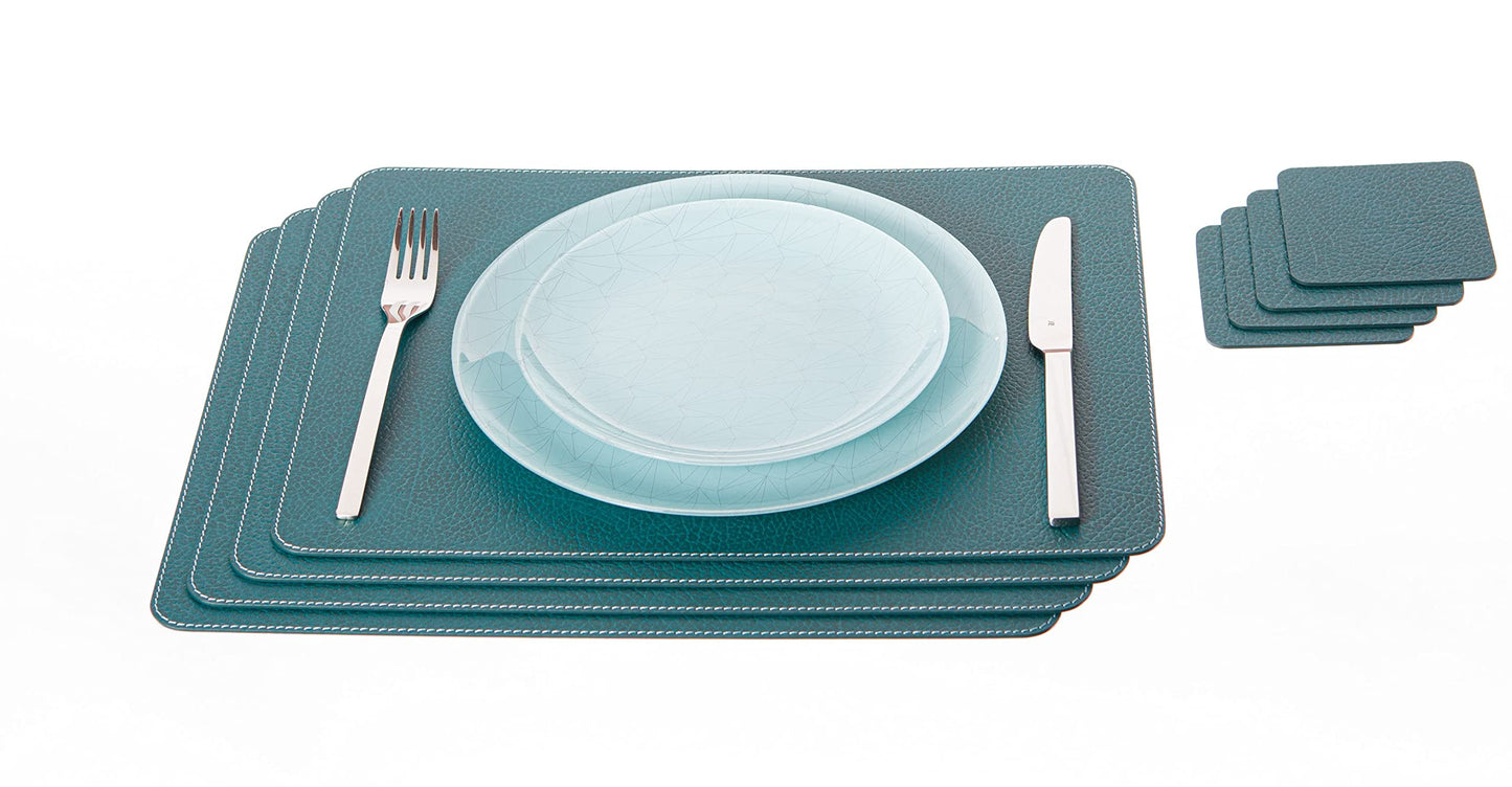 Nikalaz Set of 4 Placemats and 4 Coasters Made of Recycled Leather (18''x13'', Petroleum Green)