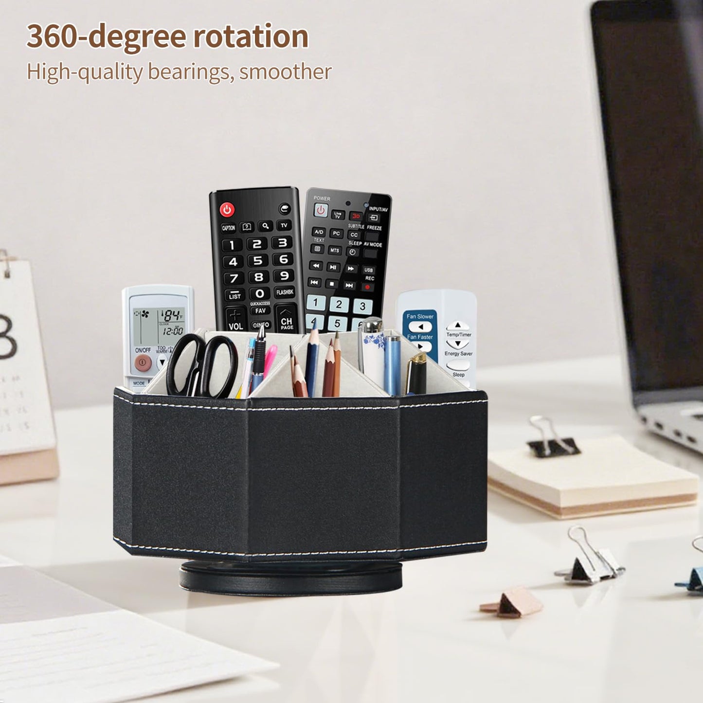 Remote Control Holder, Swivel 9 Rooms Desk Organizer and Decorations for Living Room, Leather Bedside Storage Caddy for TV Controllers/ Makeup Brush Pen/ Office Stationery/ Art Supplies/ Eyeglasses