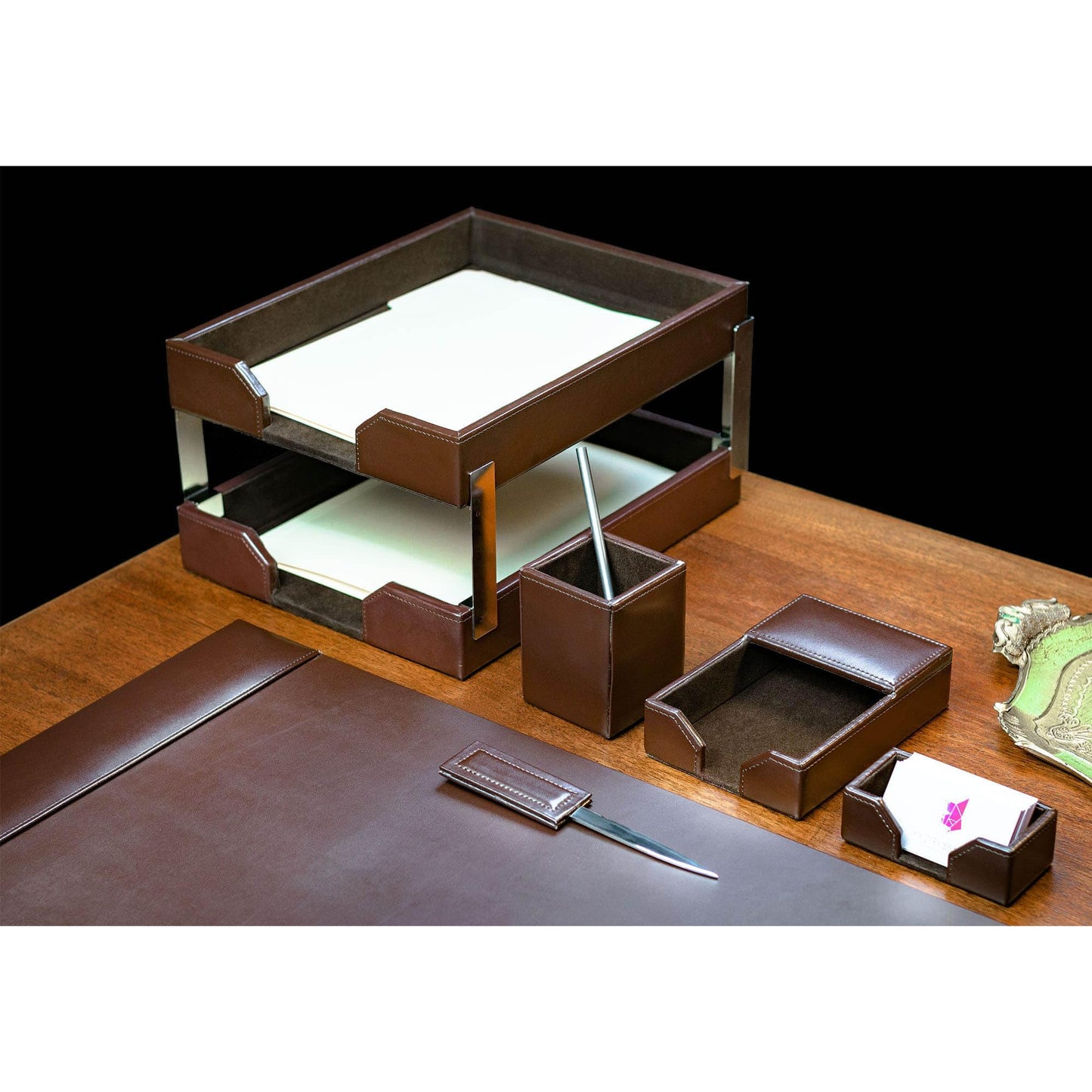 Dacasso Dark Brown Bonded Leather 8-Piece Desk Accessory Set - Organization Essentials & Executive Decor - Luxury Leather Blotter for Office Organization